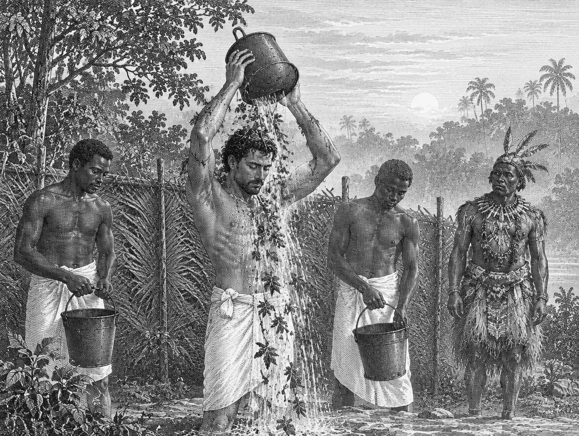 Gravure : le bain des hommes, chaque voyageur se verse lui-même son seau en fer