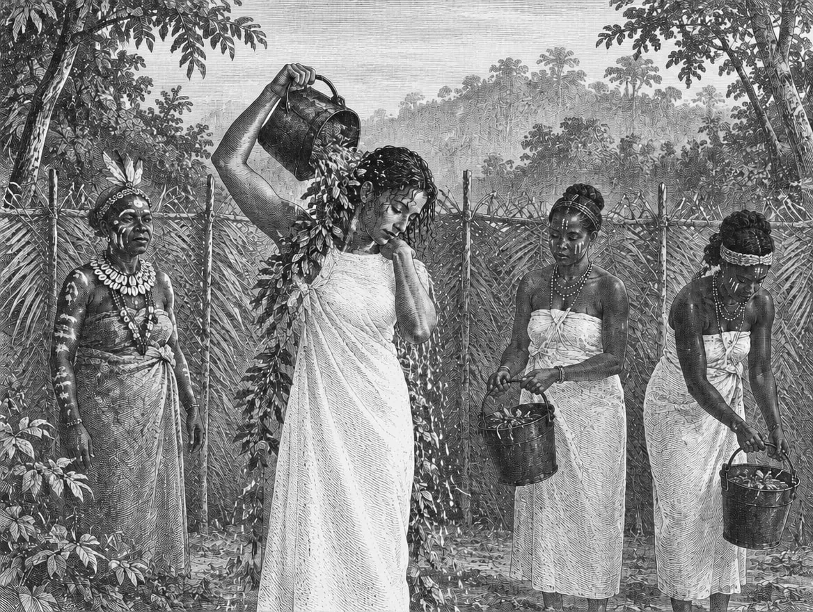 Gravure : le bain des femmes, à part, chaque voyageuse se verse elle-même son seau en fer