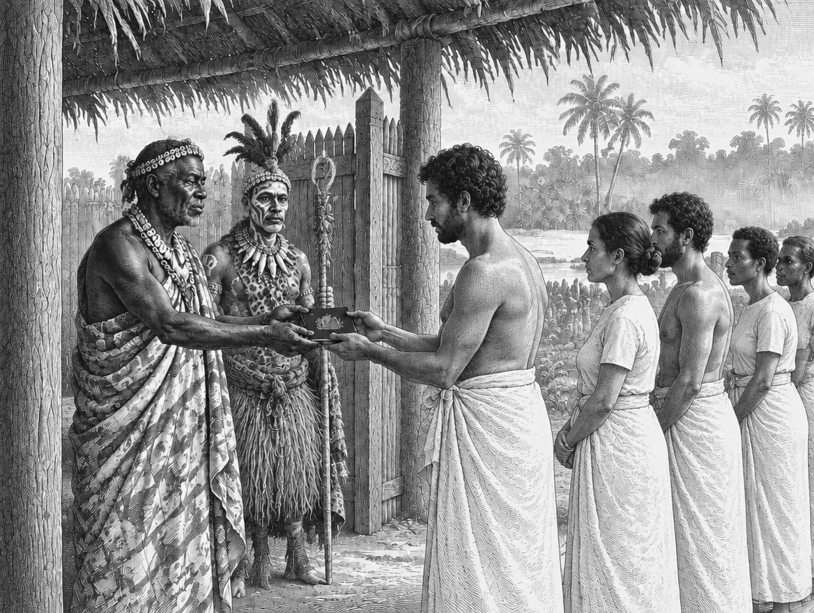 Gravure : un ancien des autorités du Domaine royal remet le passeport coutumier aux voyageurs en pagne blanc
