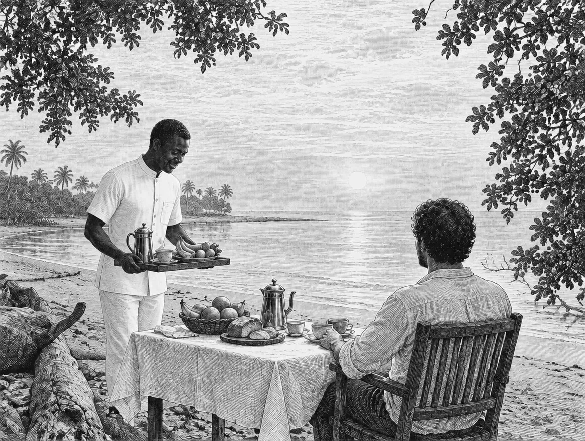 Gravure : le petit déjeuner sur la plage de l'hôtel partenaire