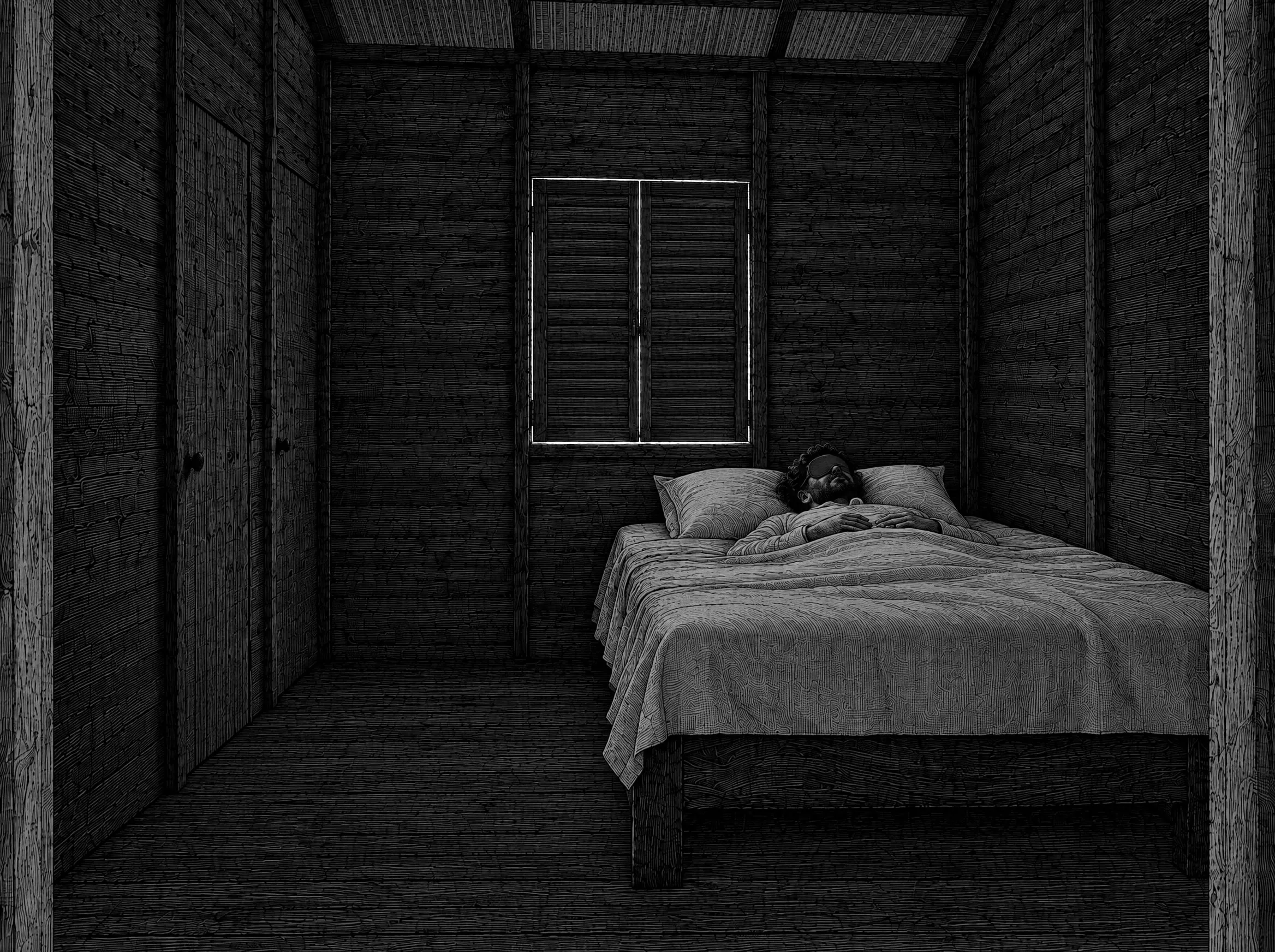 Gravure : la sieste dans la chambre de bois, un masque de nuit sur les yeux
