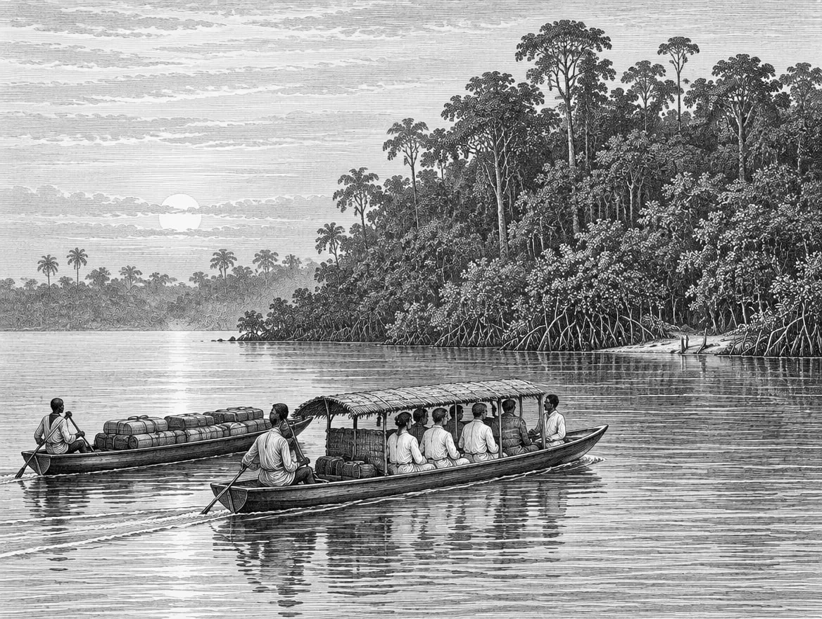Gravure : en fin de journée, deux pirogues, les voyageurs et les bagages, traversent la rivière vers la forêt de Pongara