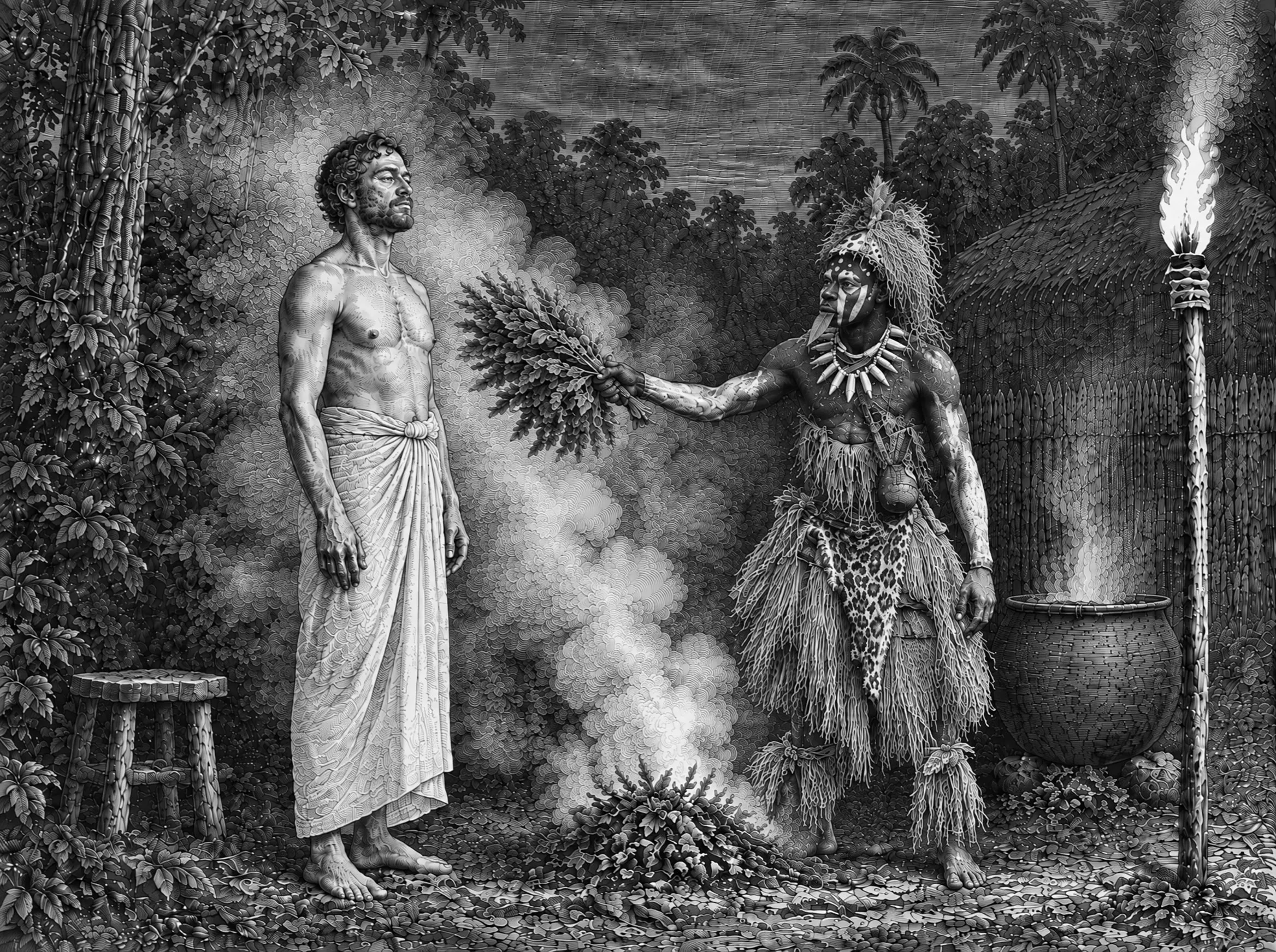 Gravure : à la tombée de la nuit, le bain de fumée, un Nganga en tenue traditionnelle évente la fumée des feuilles vers le voyageur