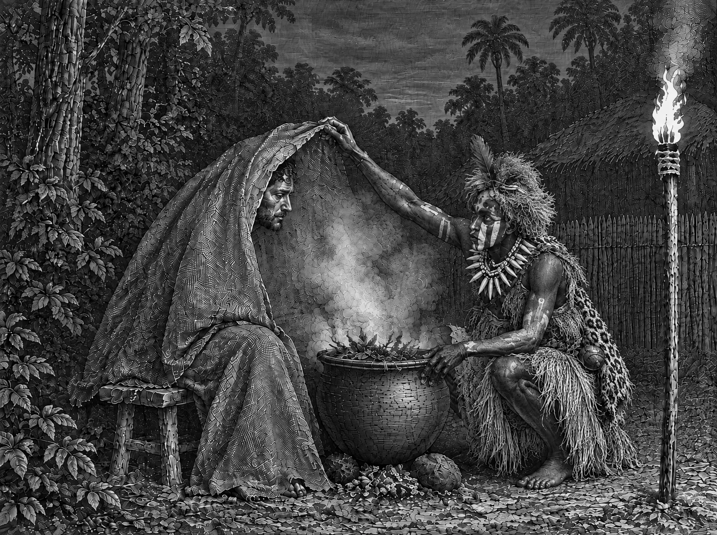 Gravure : à la tombée de la nuit, le bain de vapeur, un voyageur assis sous un grand pagne au-dessus d’une marmite fumante, auprès d’un Nganga