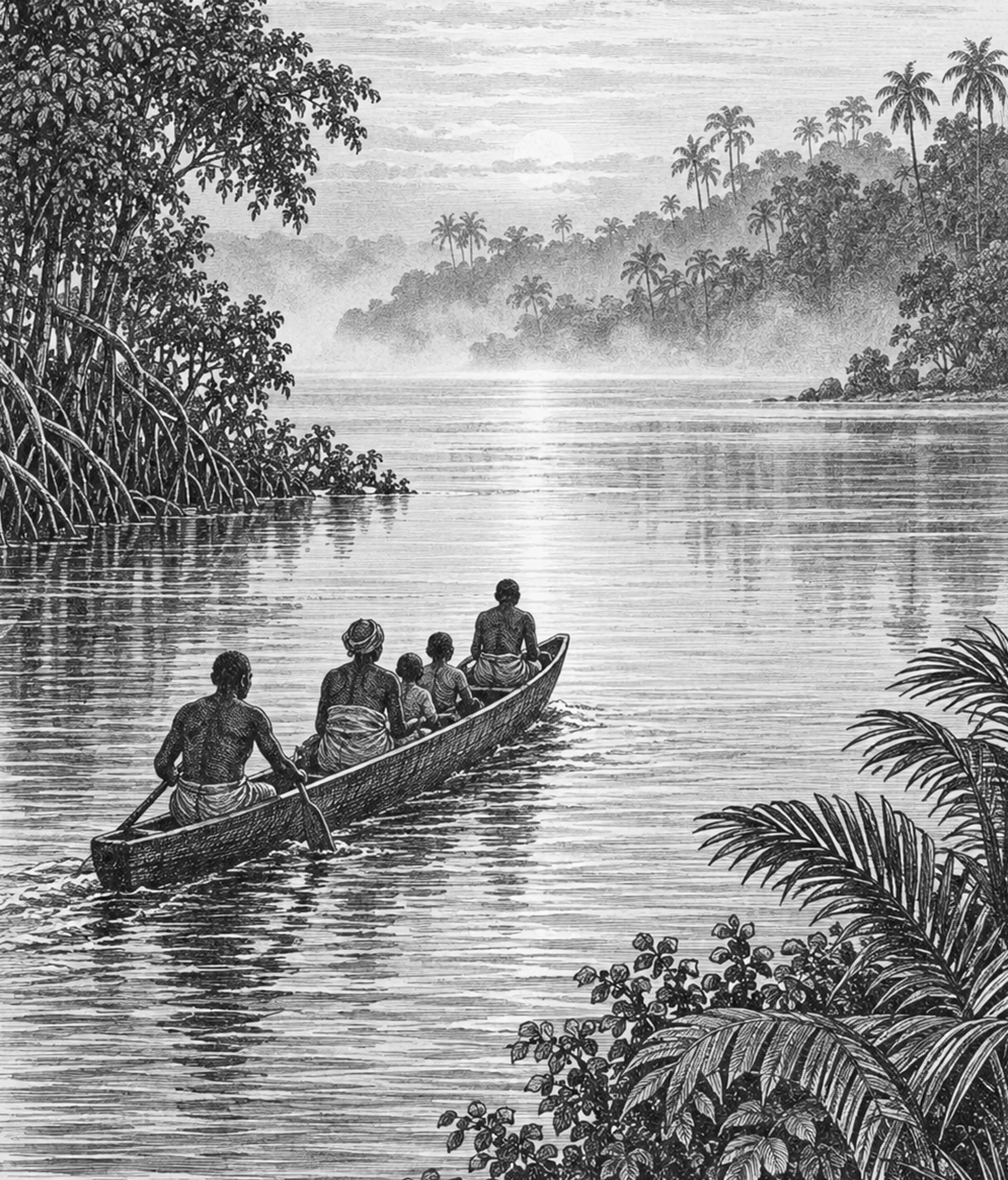 Gravure : à l'aube, la pirogue remonte le fleuve entre mangroves et palmiers vers le Domaine royal
