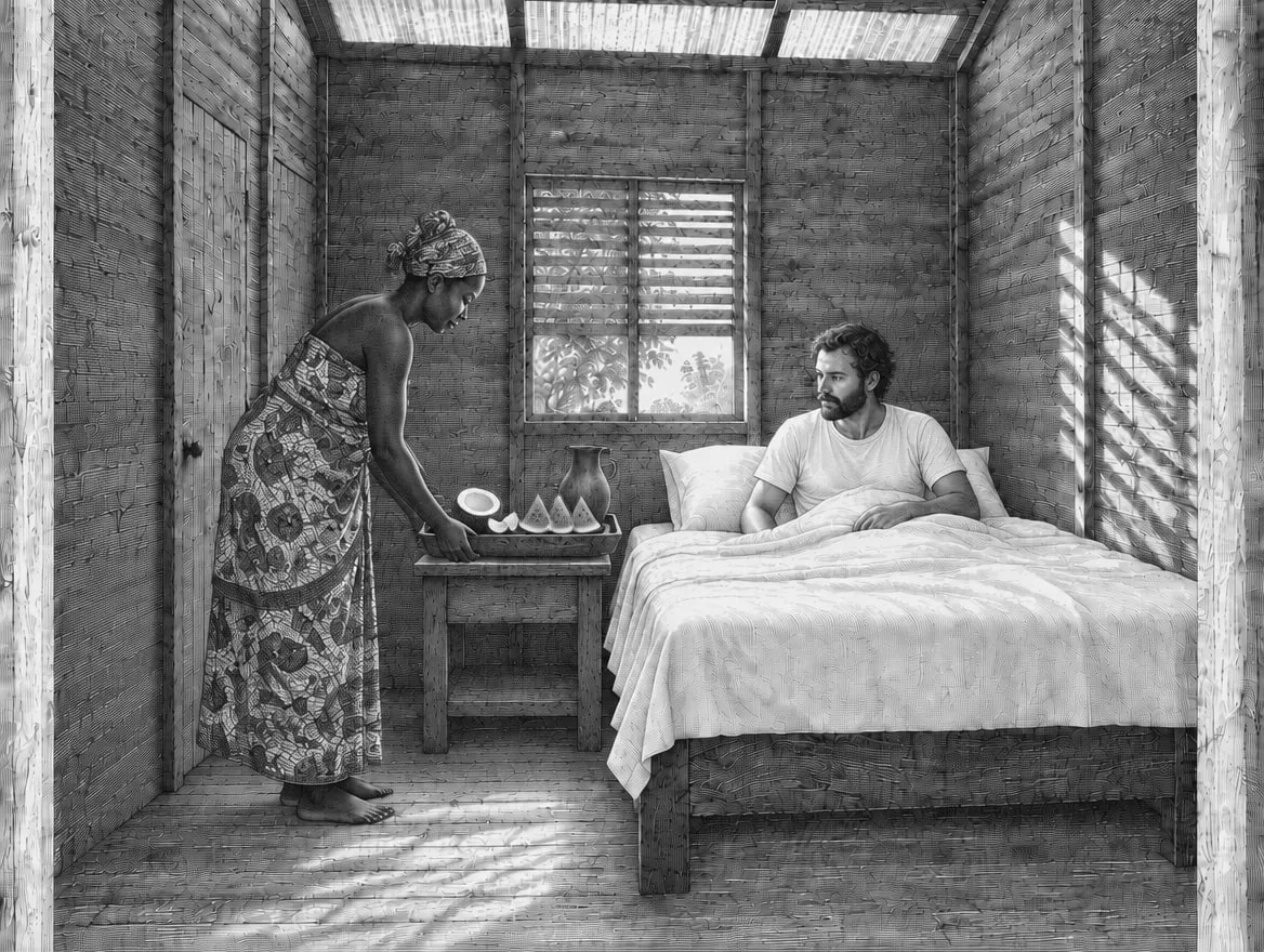 Gravure : vers 9 heures, un plateau de noix de coco fraîche et de pastèque est apporté au voyageur dans sa chambre