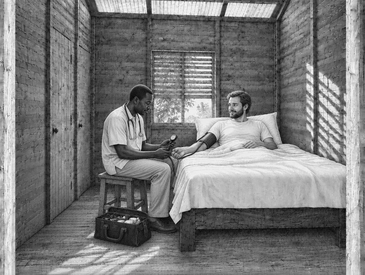 Gravure : le médecin vérifie les signes vitaux du voyageur, au bord du lit