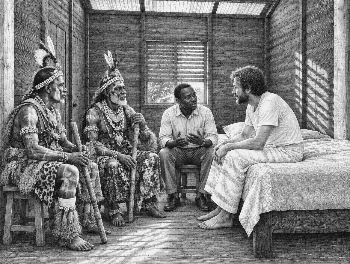 Gravure : deux chefs traditionnels et un traducteur s'entretiennent avec le voyageur dans sa chambre