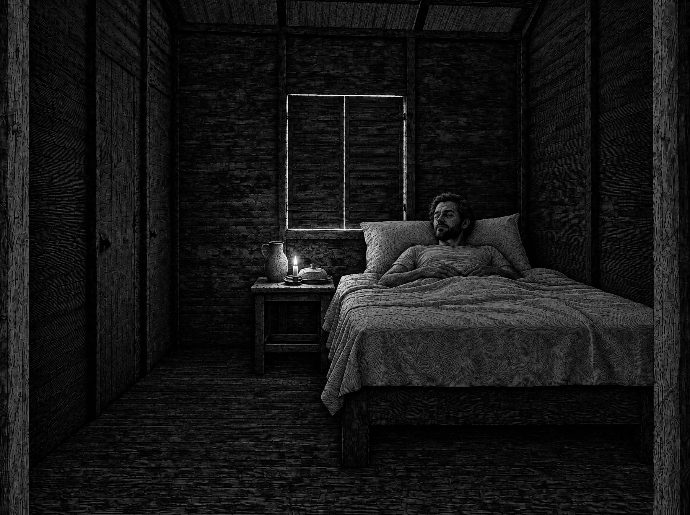 Gravure : jour d'introspection, un voyageur repose dans le lit de sa chambre de bois