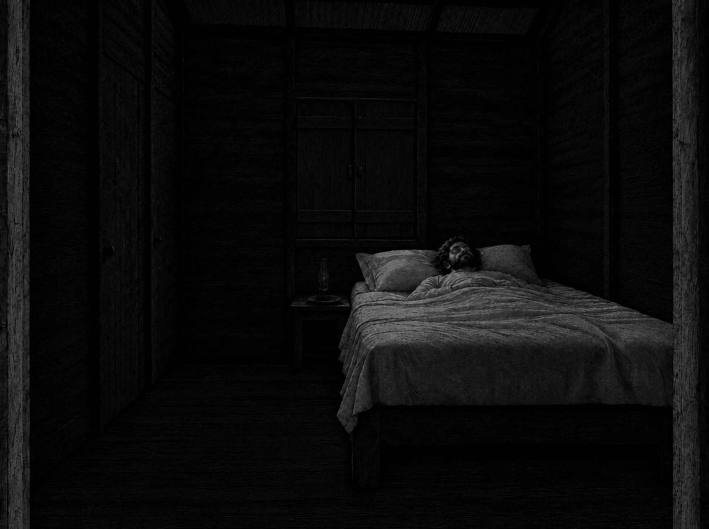 Gravure : le soir, à la lueur de la lampe, le voyageur s’endort enfin