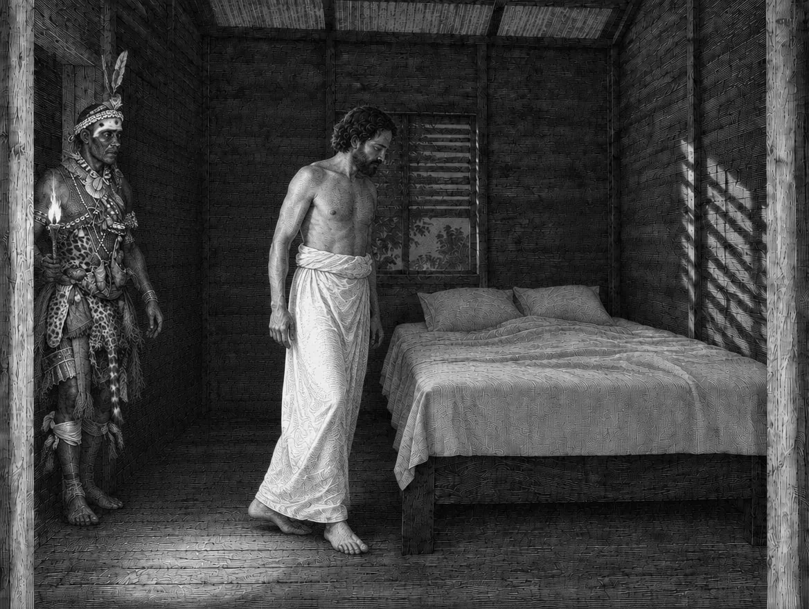 Gravure : avant l'aube, un Nganga en tenue traditionnelle, torche à la main, raccompagne à distance le voyageur jusqu'à sa chambre de bois
