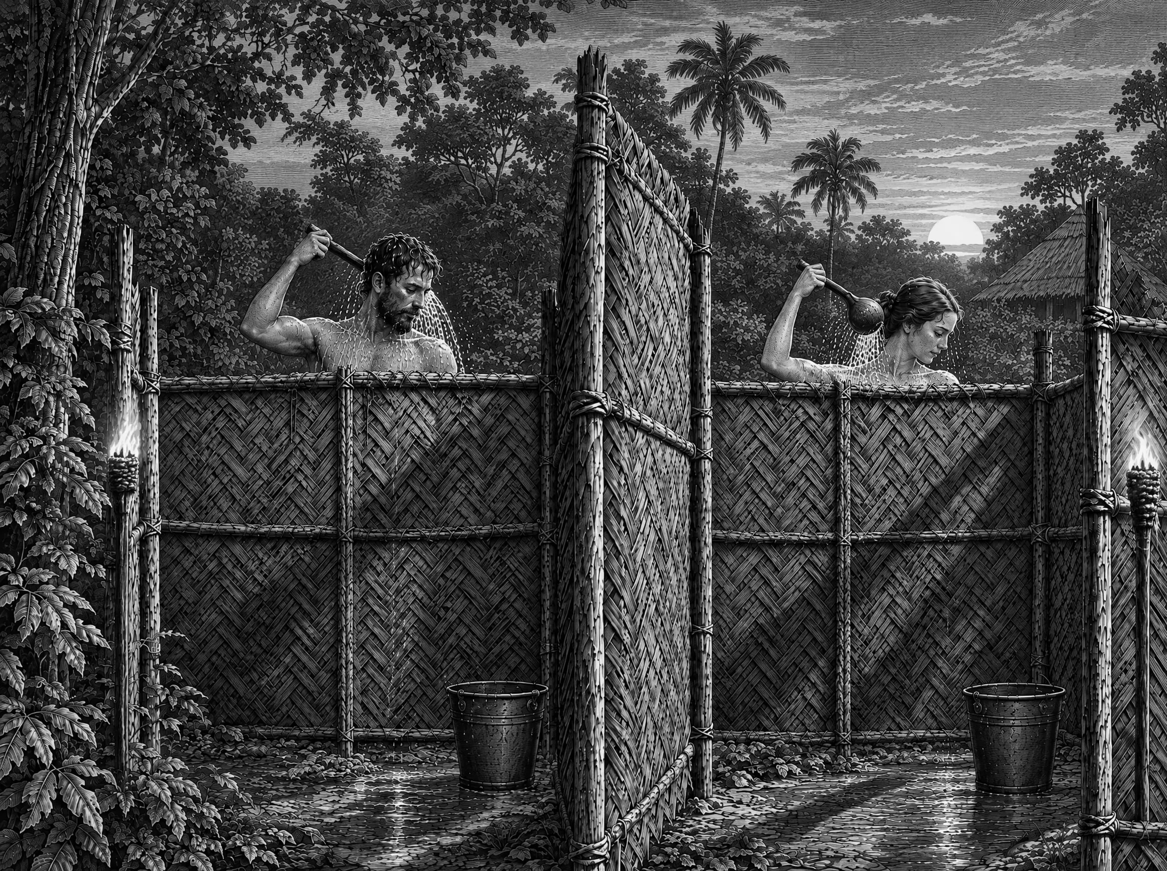 Gravure : à la tombée du jour, la douche du soir à la louche, derrière des palissades de palmes, les hommes et les femmes séparés