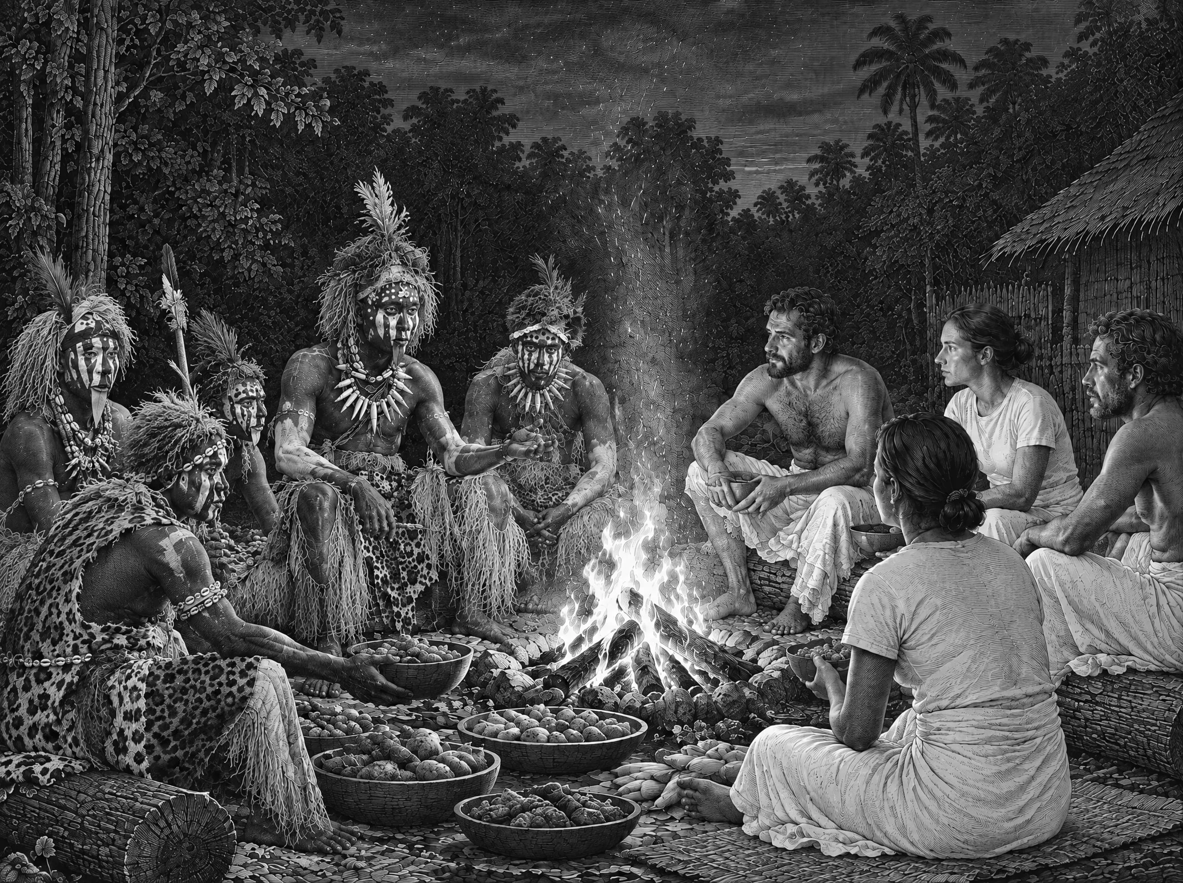 Gravure : la veillée autour du feu, Ngangas, anciens et voyageurs partagent le dîner spirituel