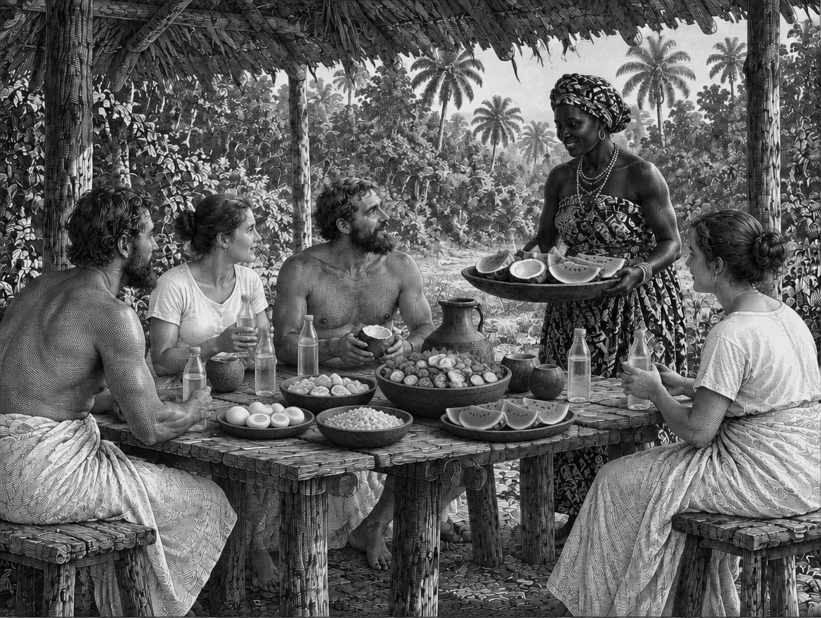 Gravure : le petit déjeuner au village sous l’abri de palmes : œufs, salade, noix de coco, pastèque et bouteilles d’eau scellées
