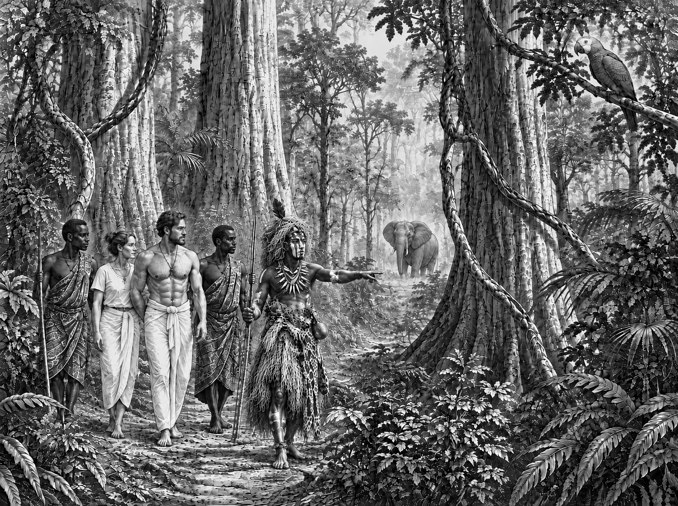 Gravure : un Nganga en tenue traditionnelle et deux guides Mpongwe mènent les voyageurs en forêt, un éléphant entre les arbres