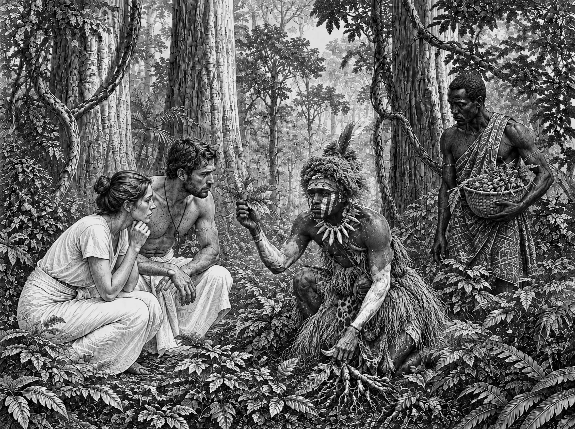 Gravure : un Nganga en tenue traditionnelle fait découvrir aux voyageurs les feuilles et racines des plantes médicinales