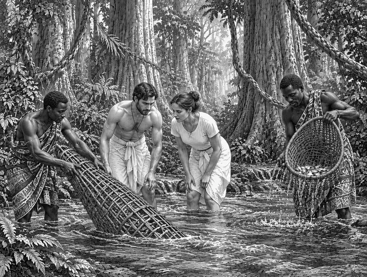 Gravure : pêche traditionnelle à la nasse tressée dans un ruisseau de la forêt