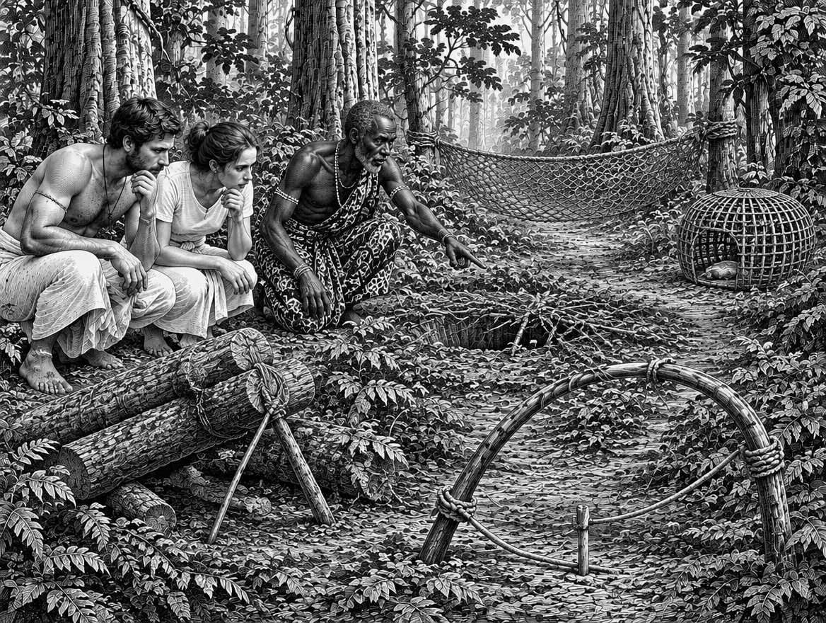 Gravure : un ancien Mpongwe montre aux voyageurs les pièges traditionnels, collet, assommoir, fosse, filet et cage tressée