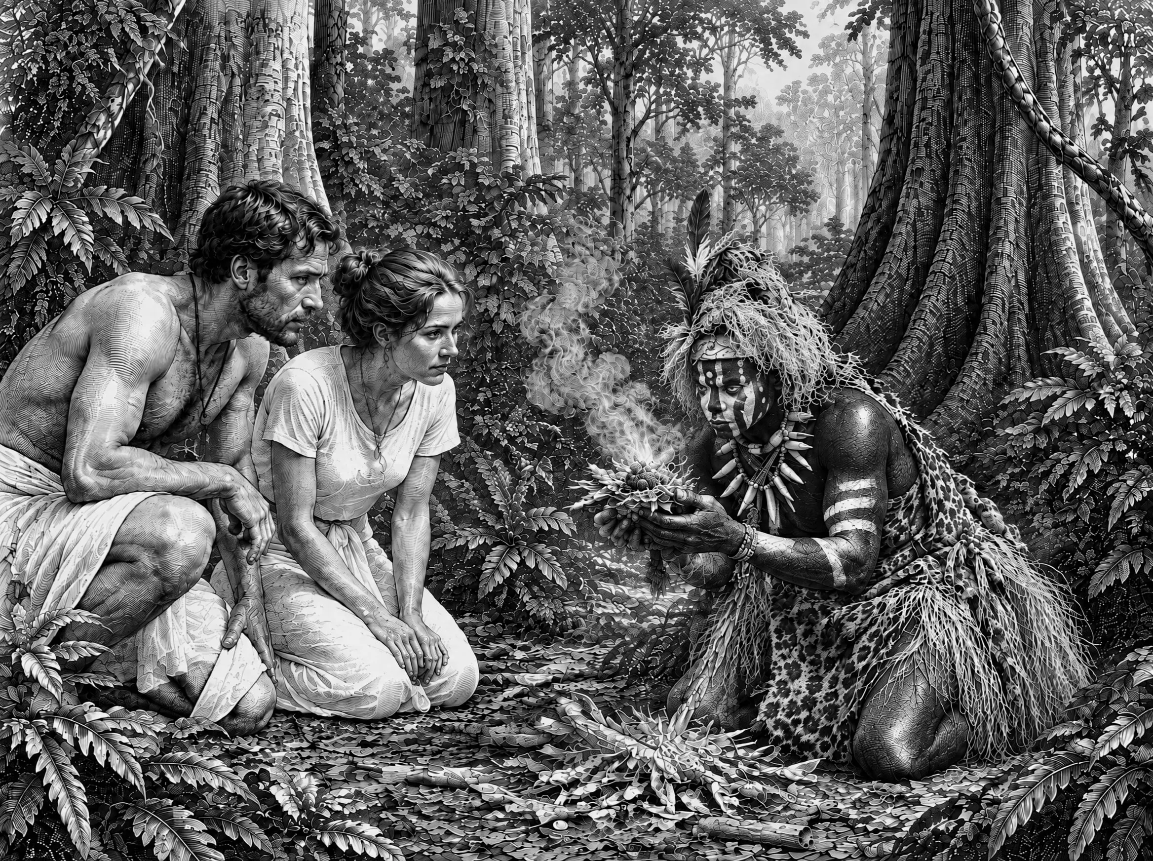 Gravure : un Nganga allume le feu à la manière traditionnelle, feuilles sèches et résine