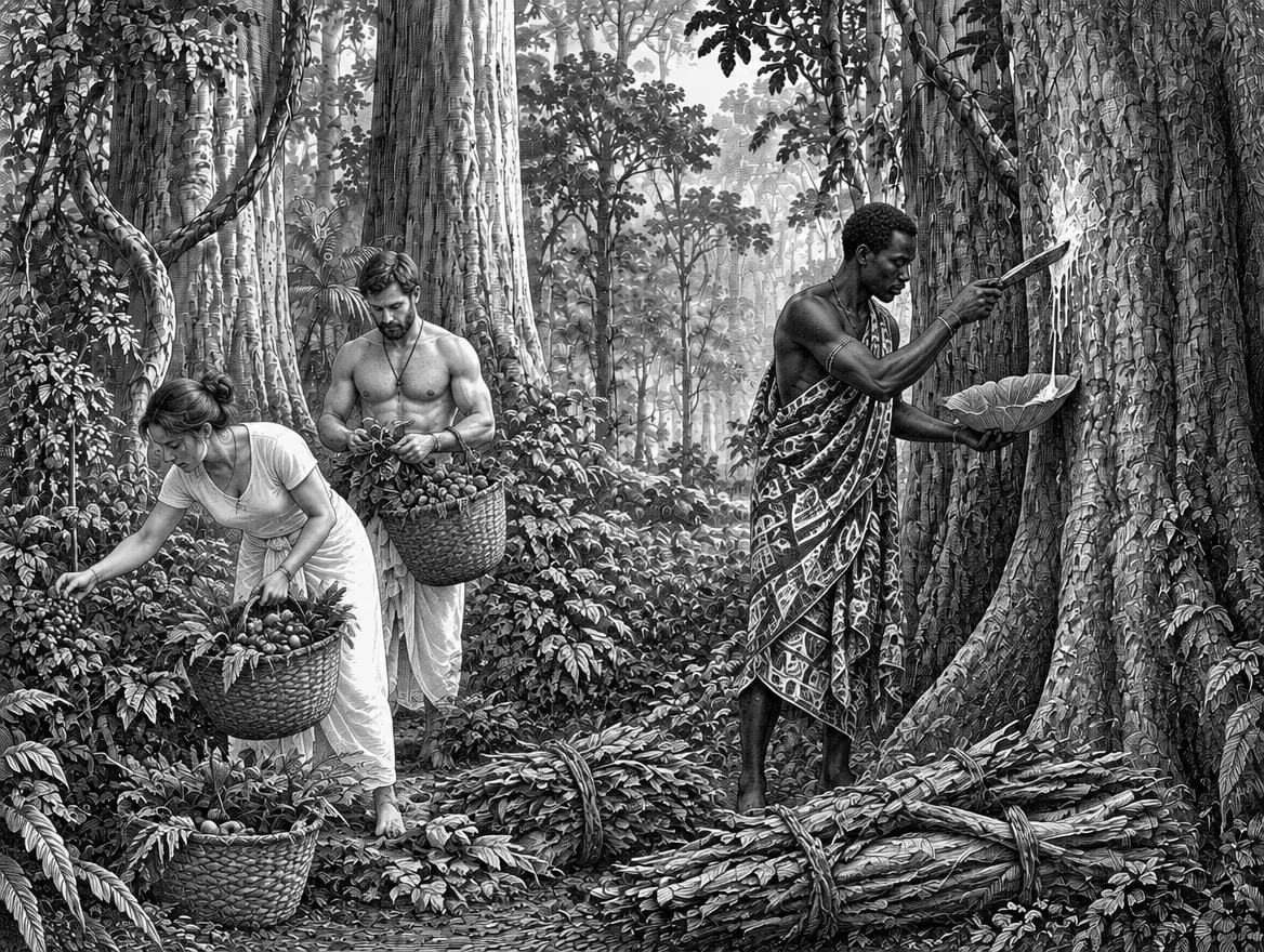 Gravure : cueillette de la résine pour les torches Mopeto et des plantes pour le dîner spirituel