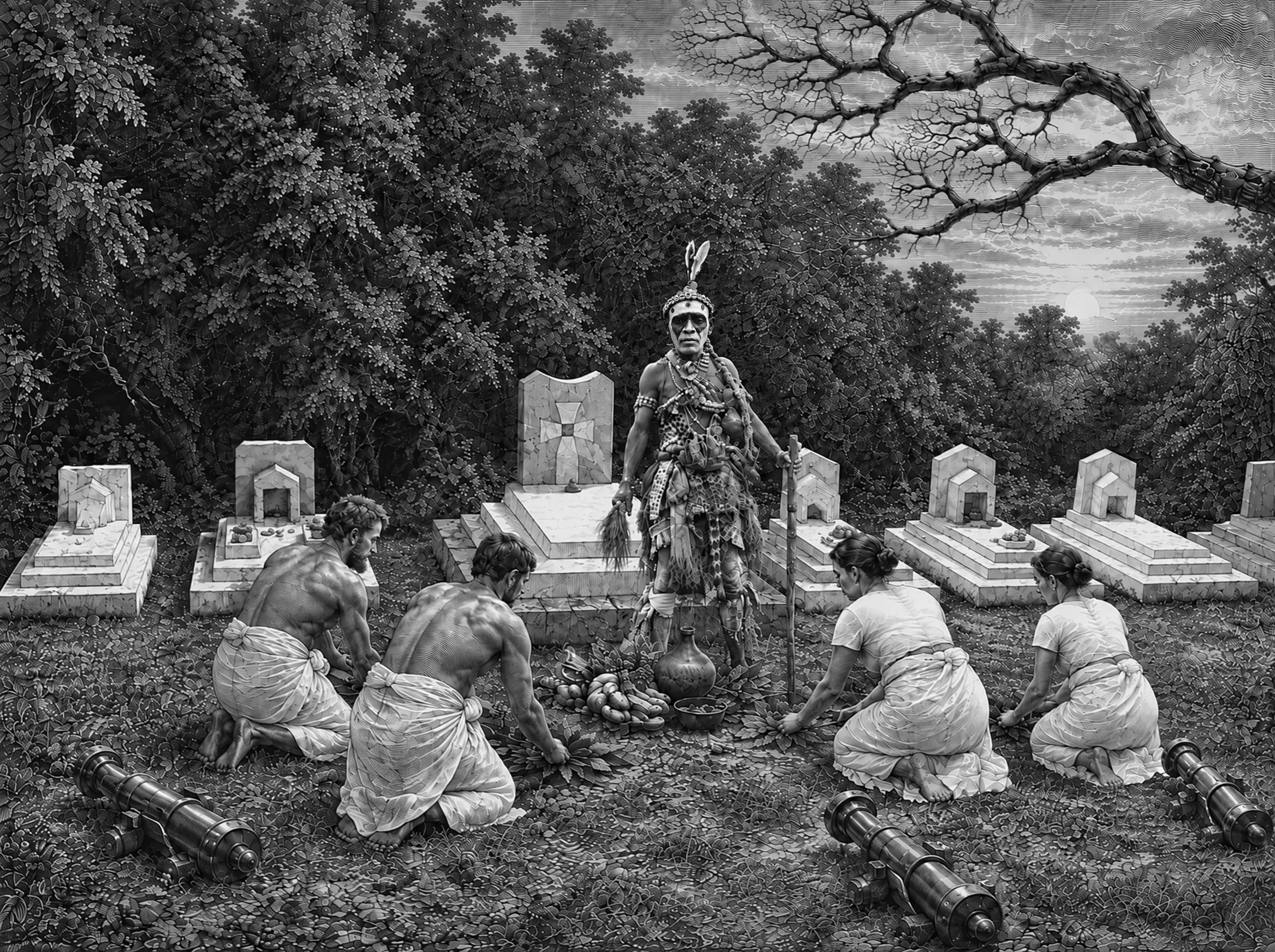 Gravure : en début de soirée, offrandes sur la sépulture de la famille Rapontchombo, conduites par un Nganga