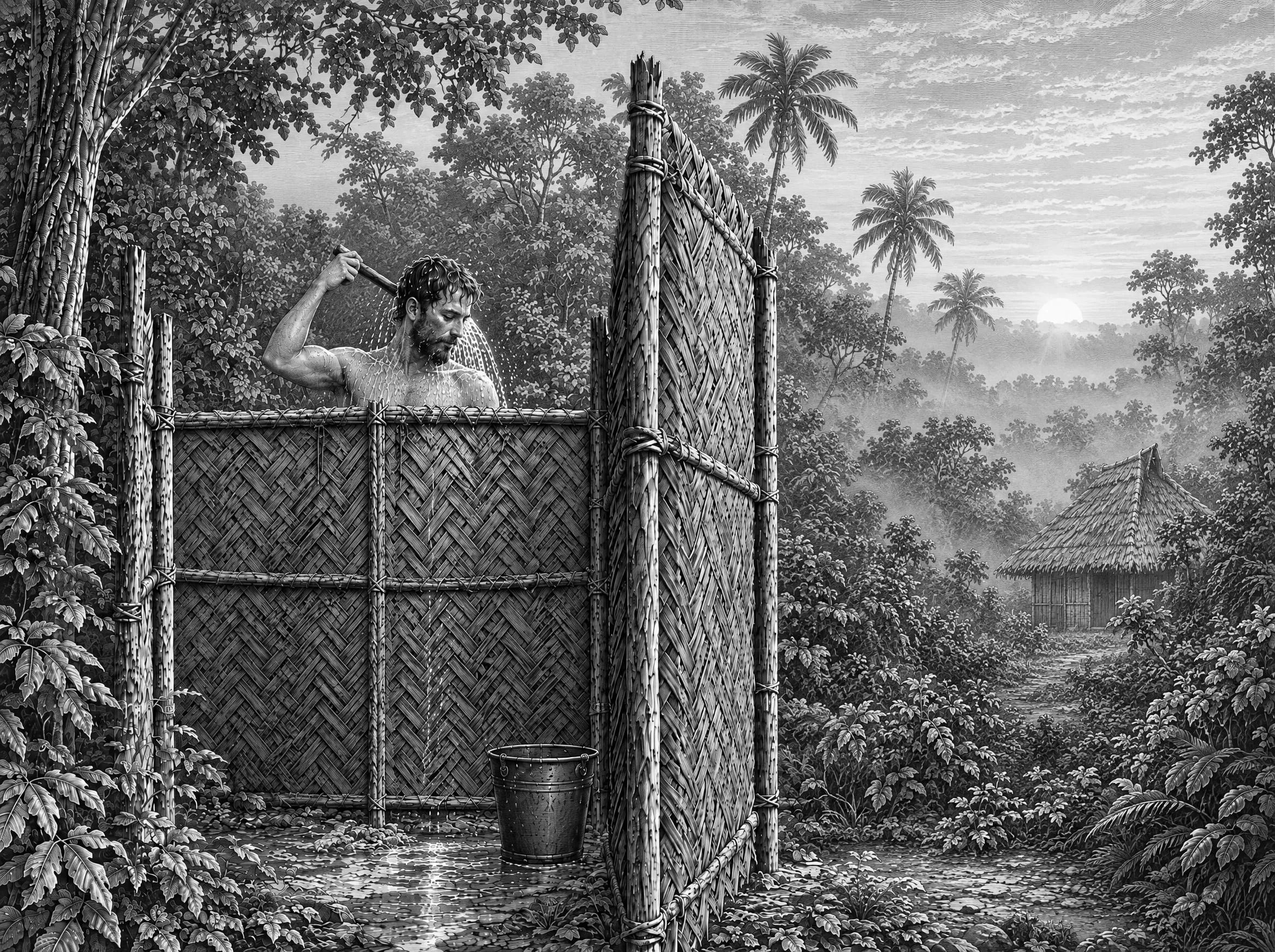 Gravure : au réveil, derrière la palissade de palmes, un voyageur se douche à la louche