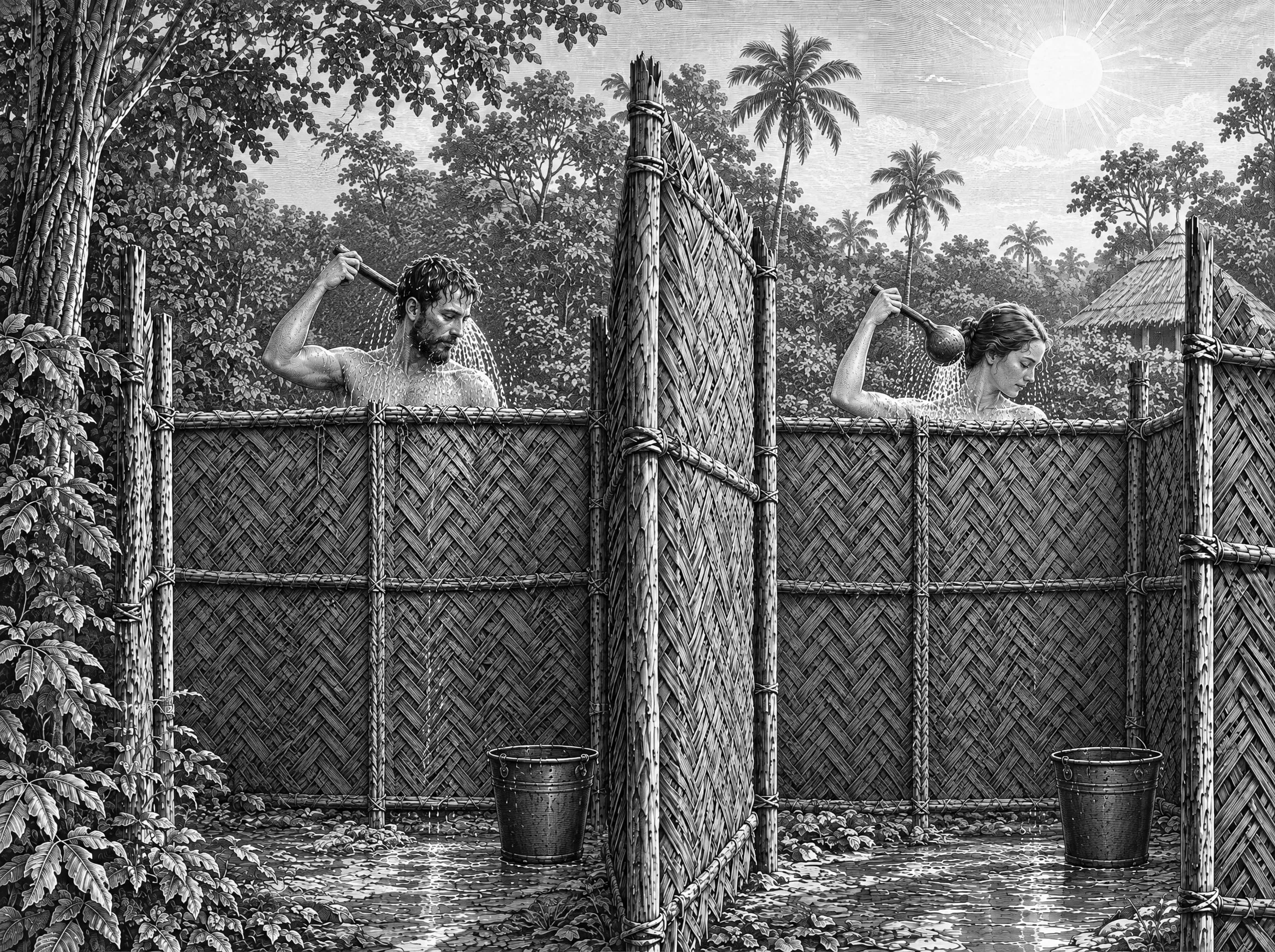 Gravure : après la danse, la douche à la louche derrière des palissades de palmes, les hommes et les femmes séparés