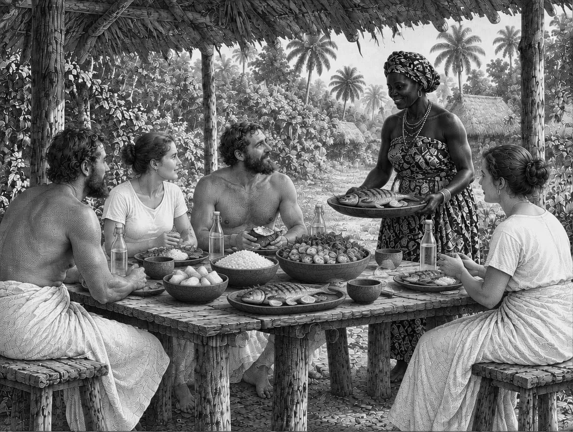 Gravure : le déjeuner au village, poisson grillé, riz, manioc et salade sous l’abri de palmes