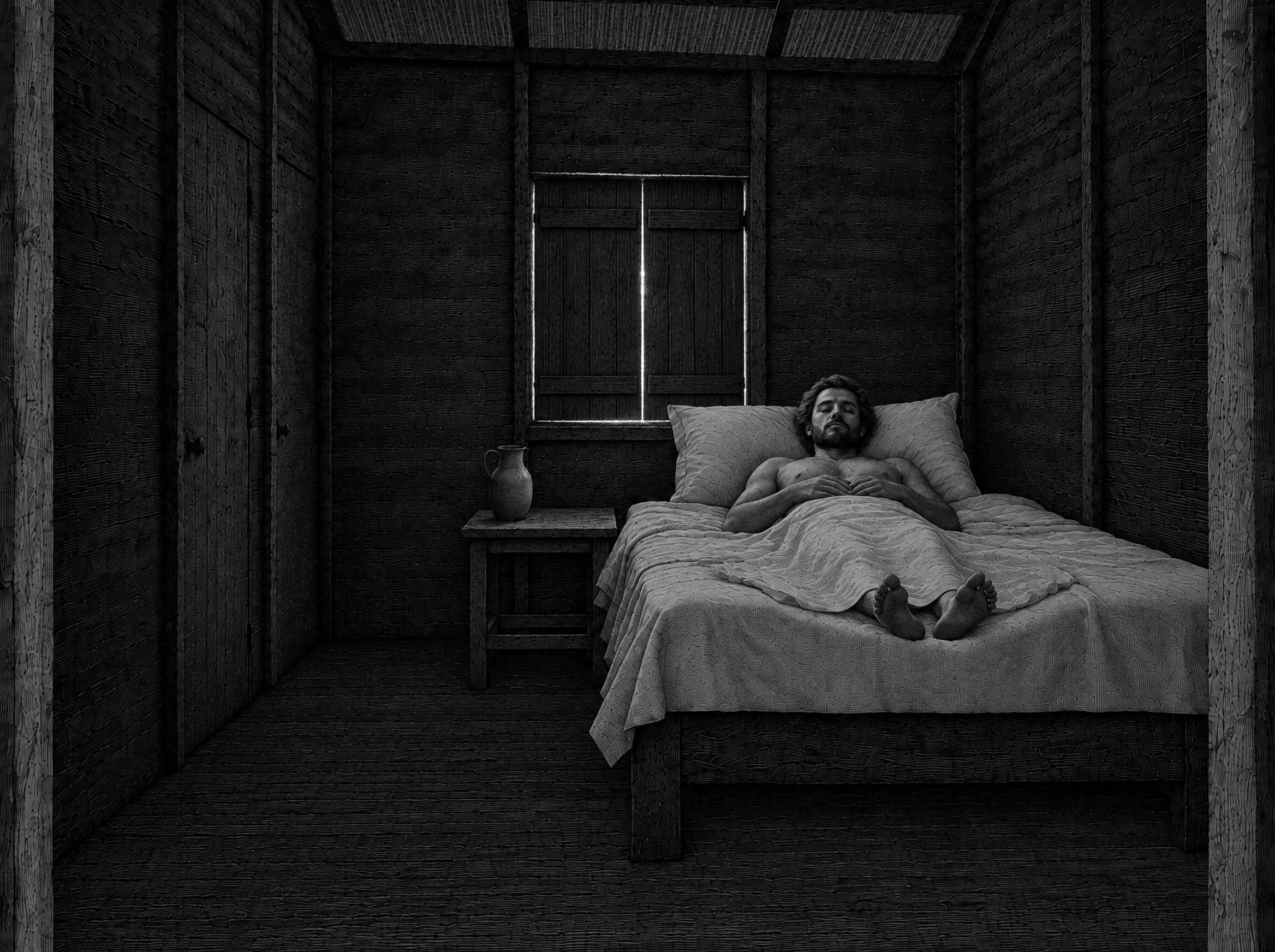 Gravure : l’après-midi, un voyageur se repose dans sa chambre de bois avant la veillée