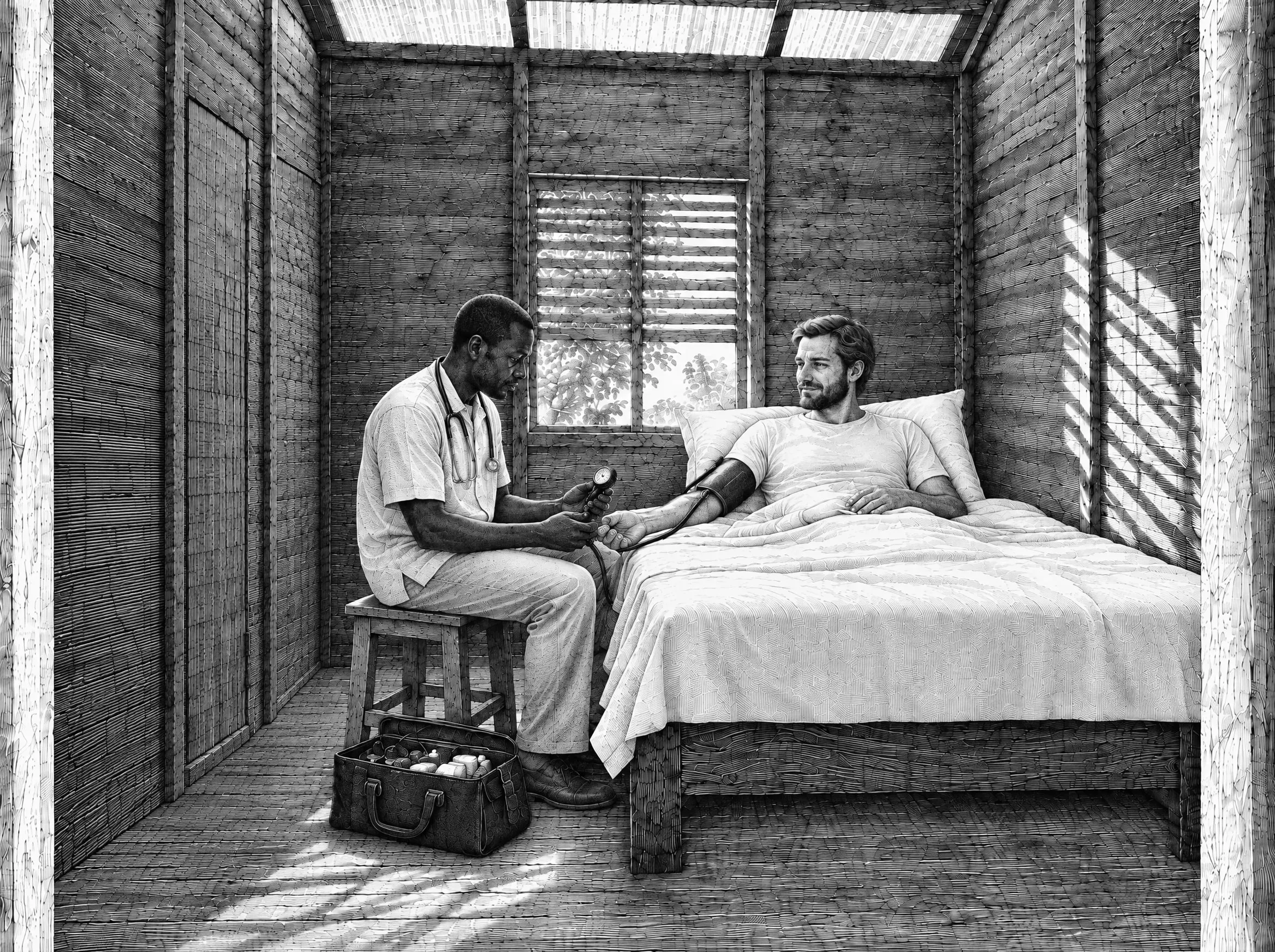 Gravure : avant la veillée, le médecin vérifie la tension du voyageur dans sa chambre