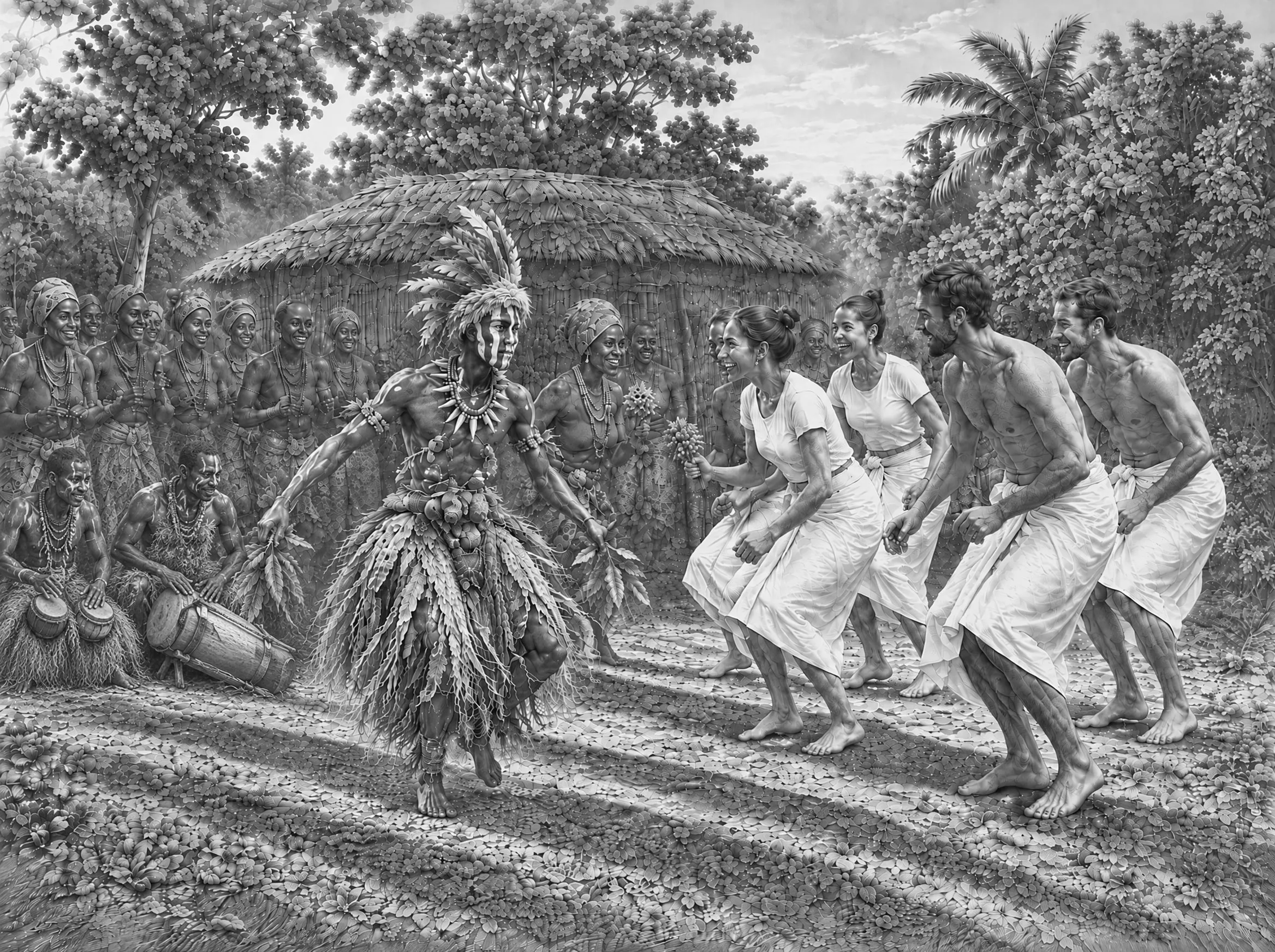Gravure : le matin, au village, les Ngangas apprennent aux voyageurs les pas de la danse du Bwiti