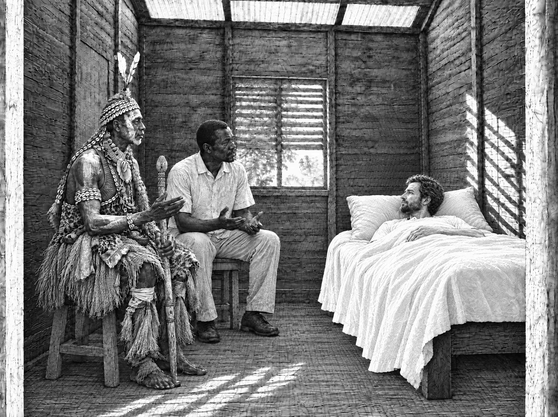 Gravure : le voyageur allongé dans son lit, un père traditionnel mène la consultation avec le traducteur