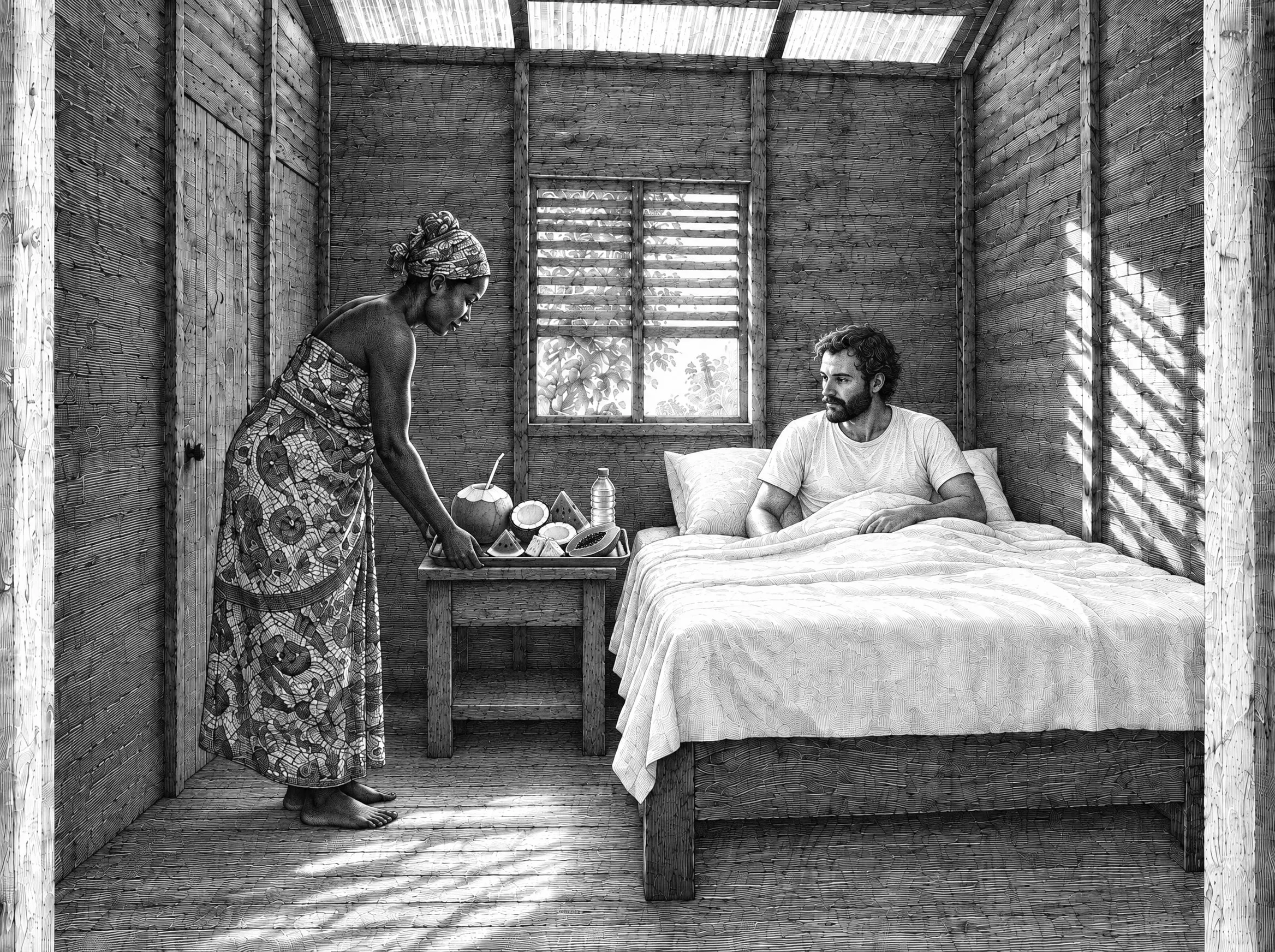 Gravure : le petit déjeuner en chambre, noix de coco fraîche et fruits