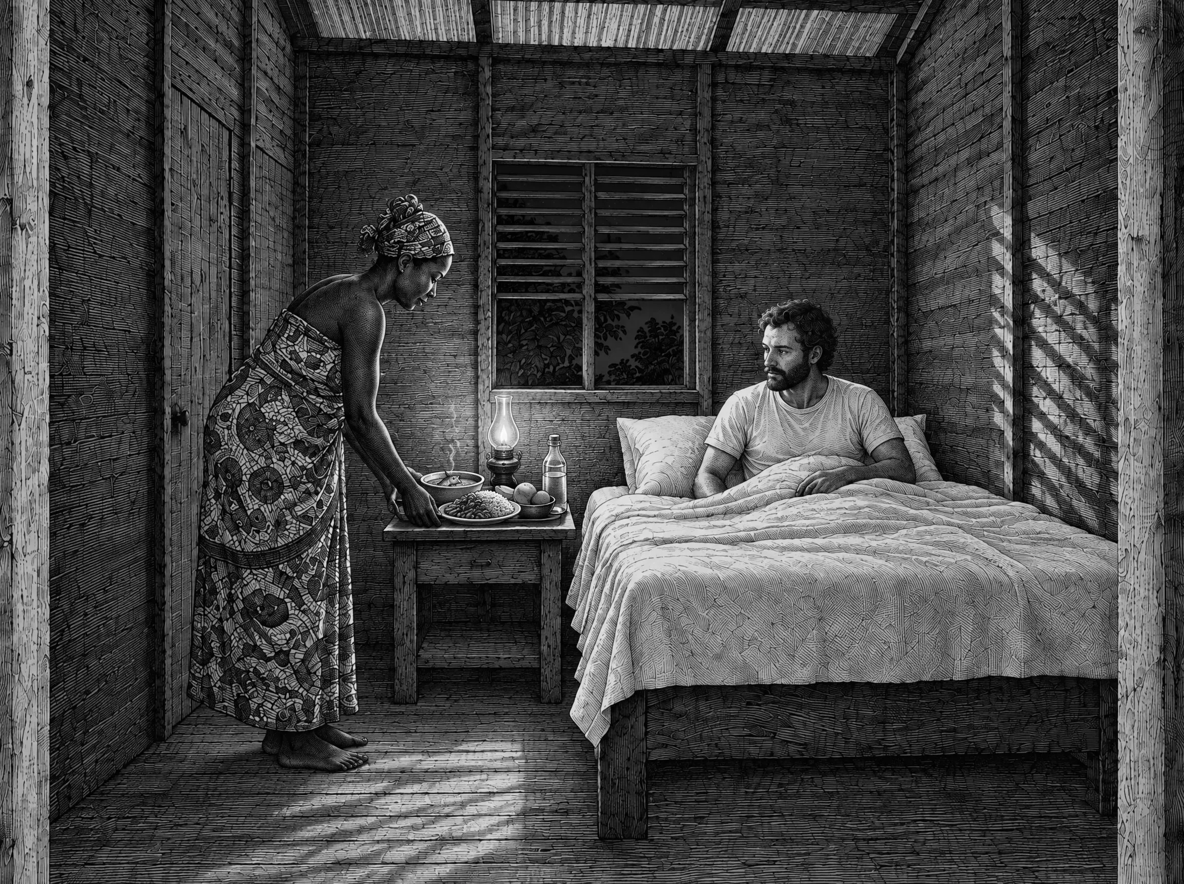 Gravure : le soir, le dîner servi en chambre à la lueur de la lampe