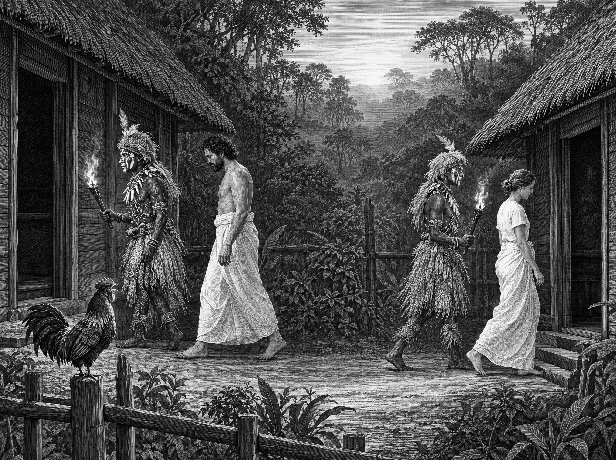 Gravure : au chant du coq, à l’aube, deux Ngangas éclairent le chemin, chaque voyageur regagne sa propre chambre