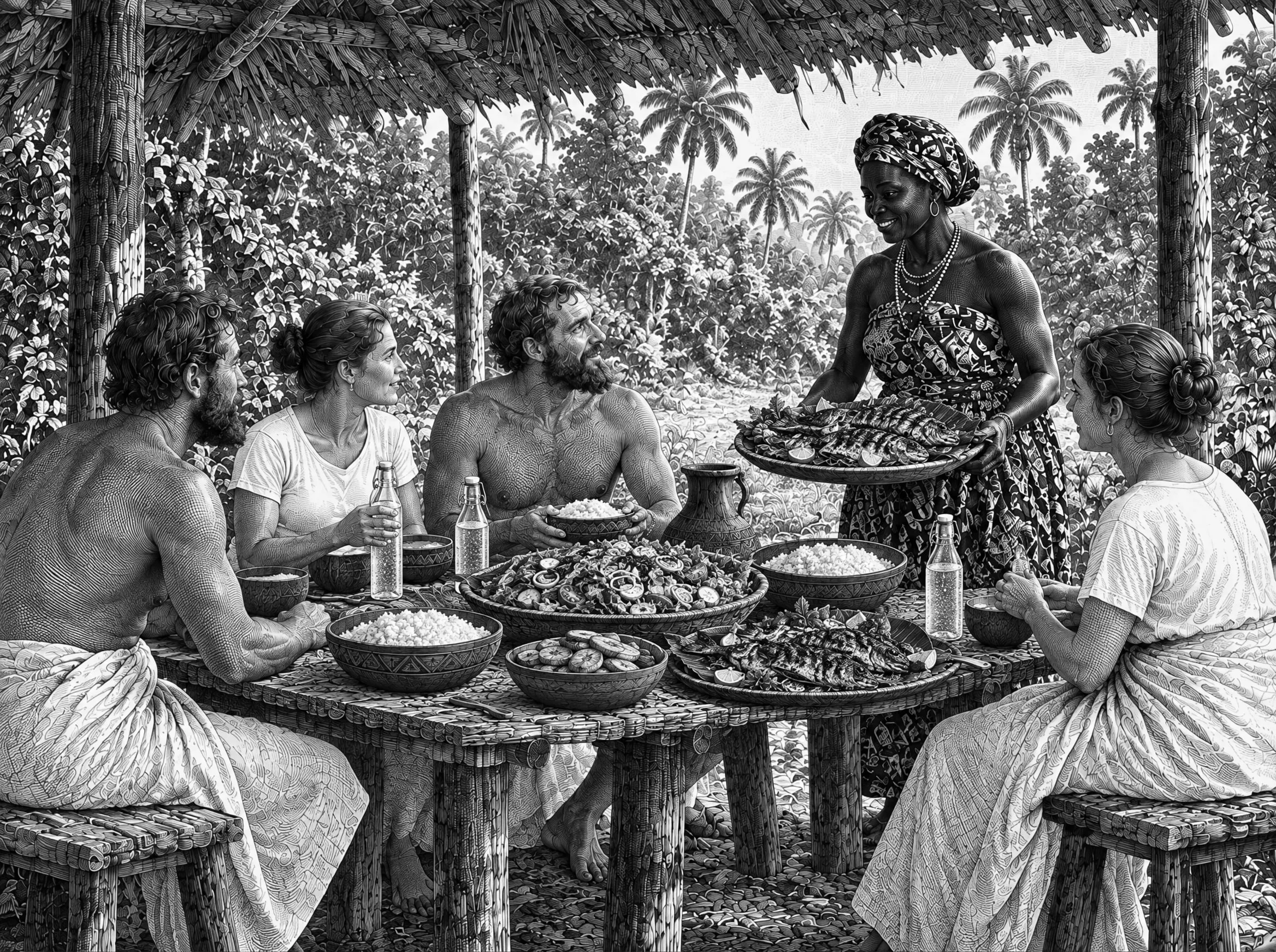 Gravure : le déjeuner au village, poisson grillé, riz, banane plantain et salade