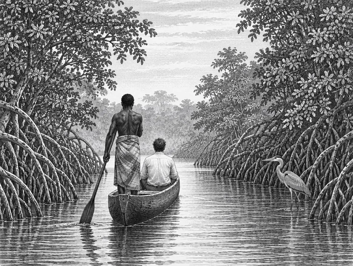Gravure : une pirogue glisse dans la mangrove, un héron dans l’eau