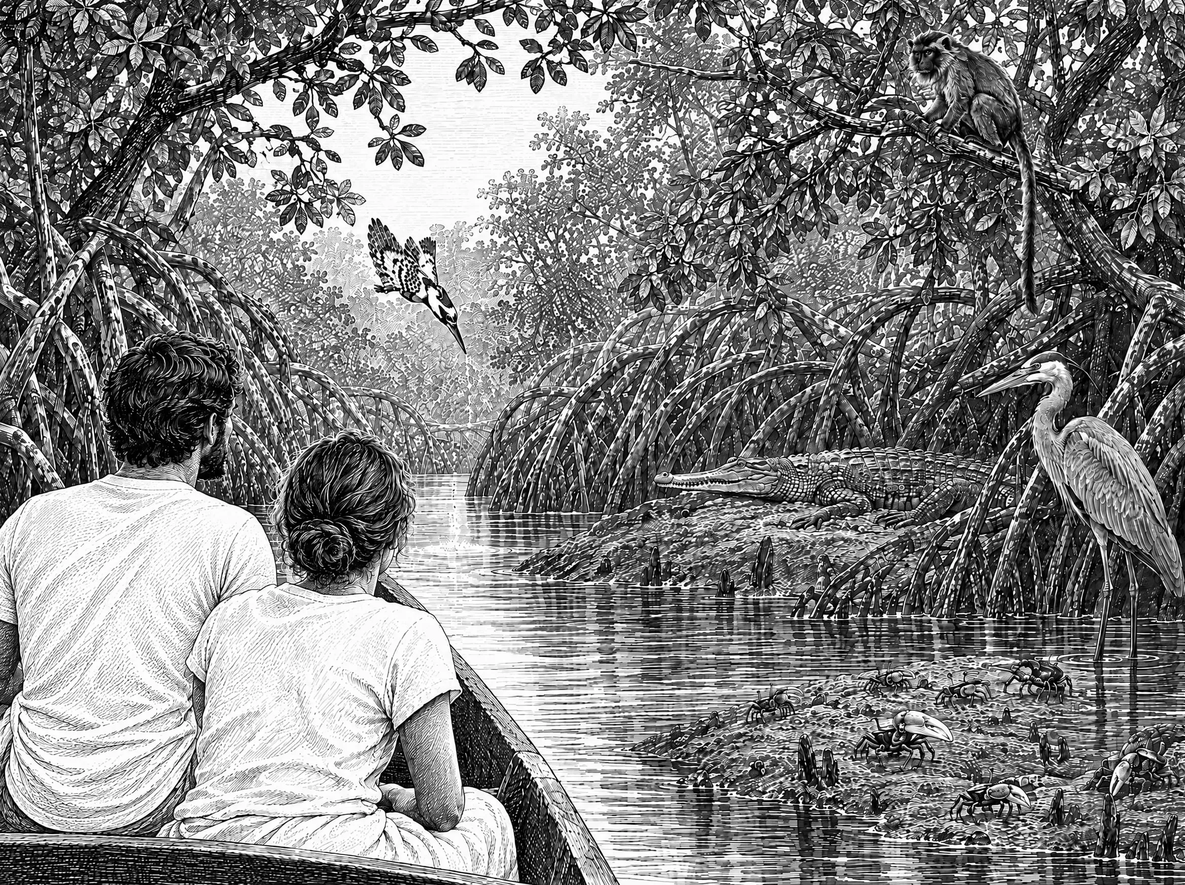 Gravure : depuis la pirogue, les voyageurs observent crocodile, martin-pêcheur, héron et singe entre les racines