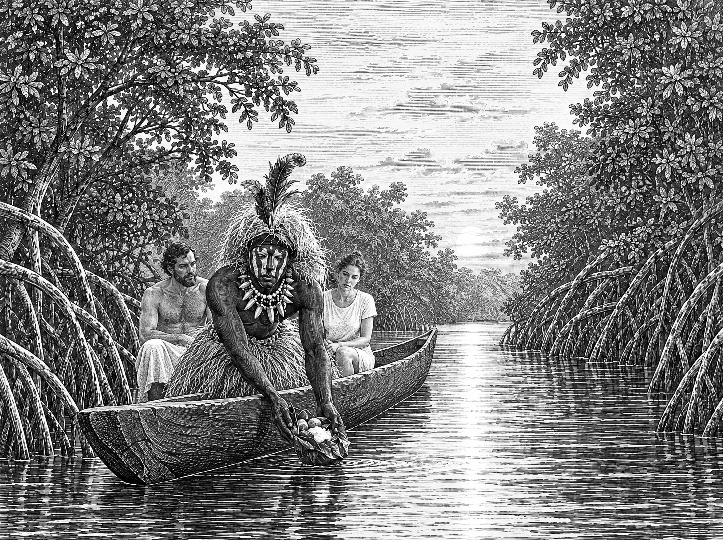 Gravure : un Nganga dépose sur l’eau les offrandes aux génies des eaux