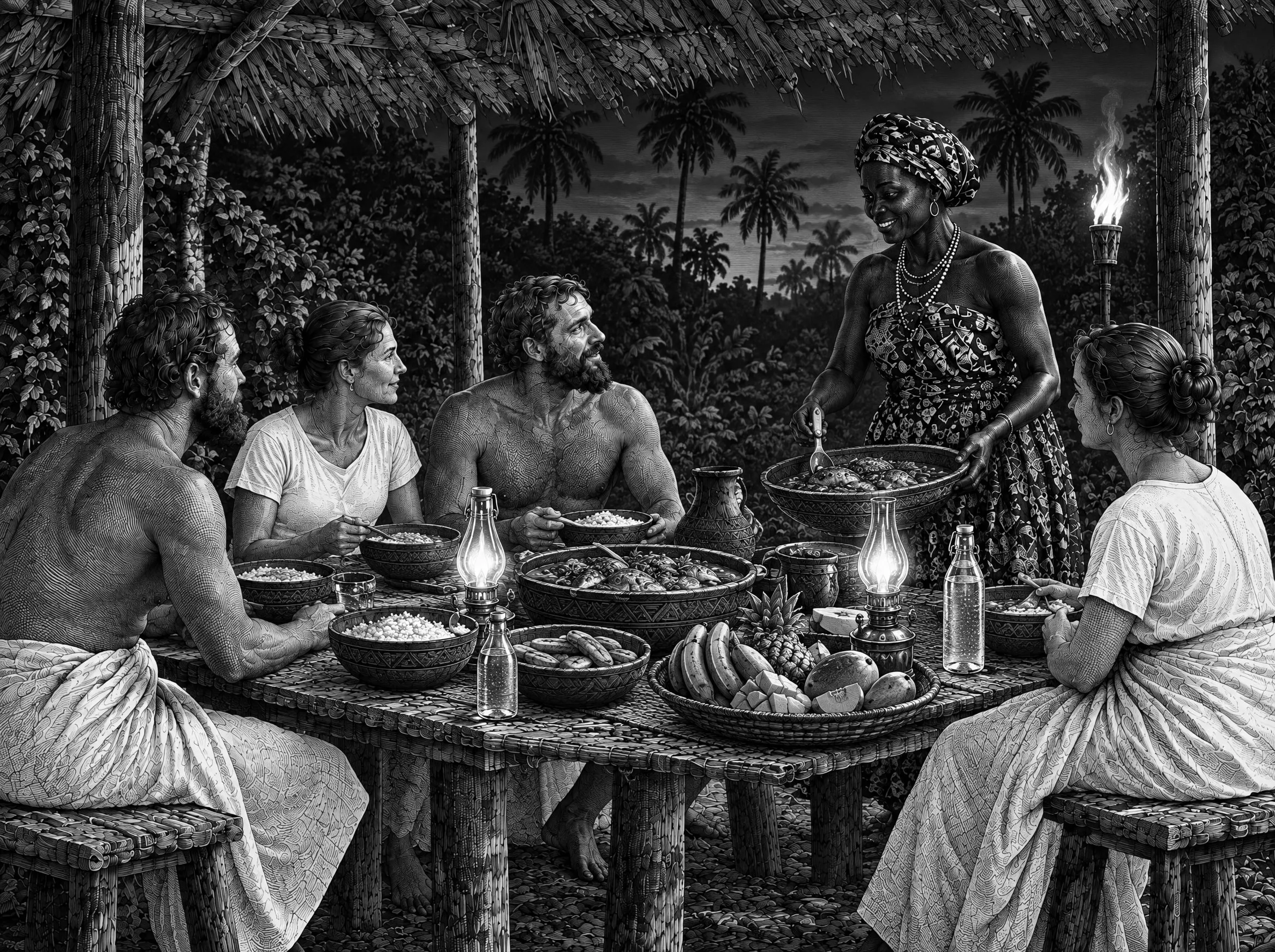Gravure : le soir, le dîner au village à la lueur des lampes