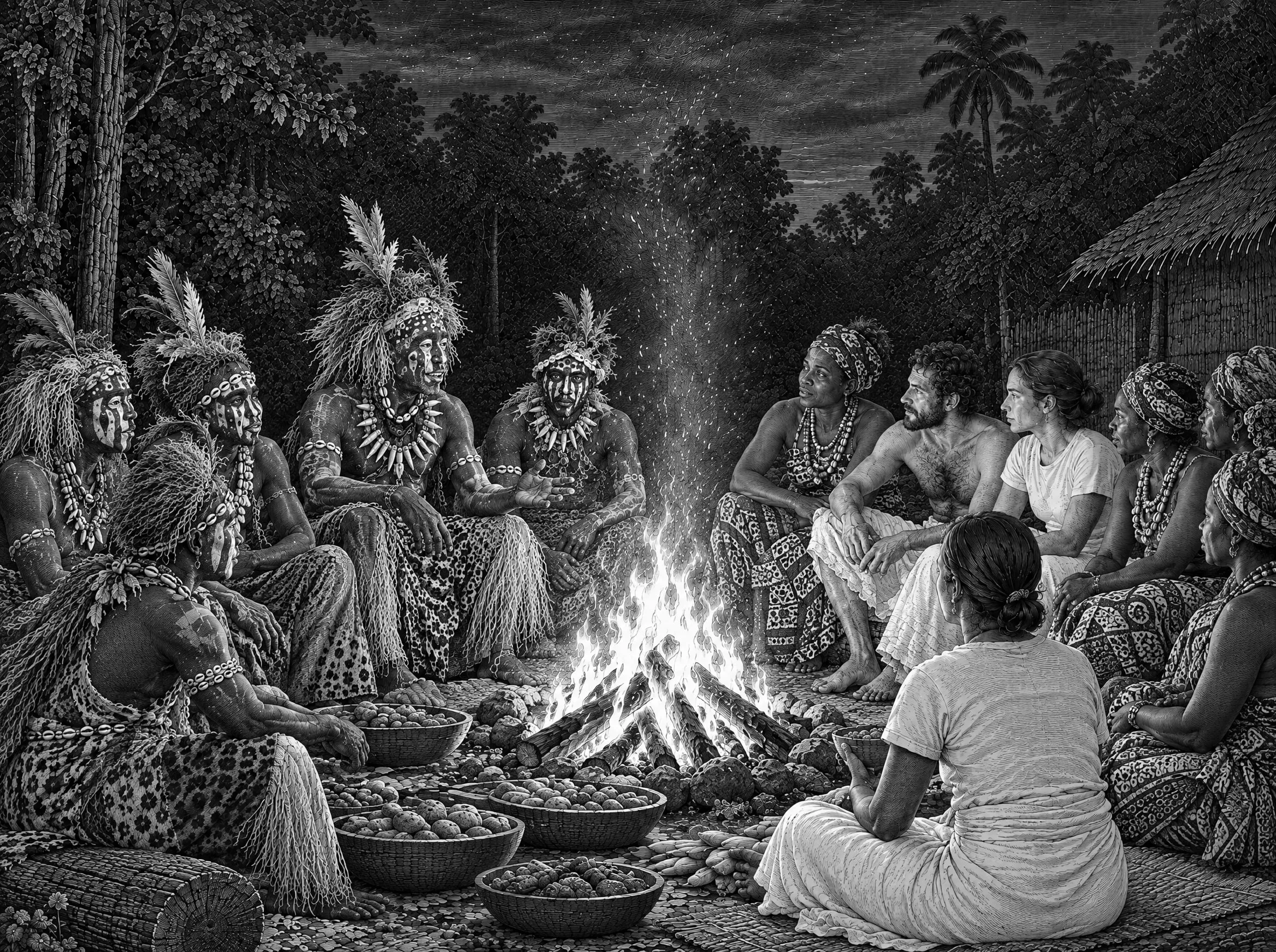 Gravure : le feu de camp avec les pères et les mères du Bwiti