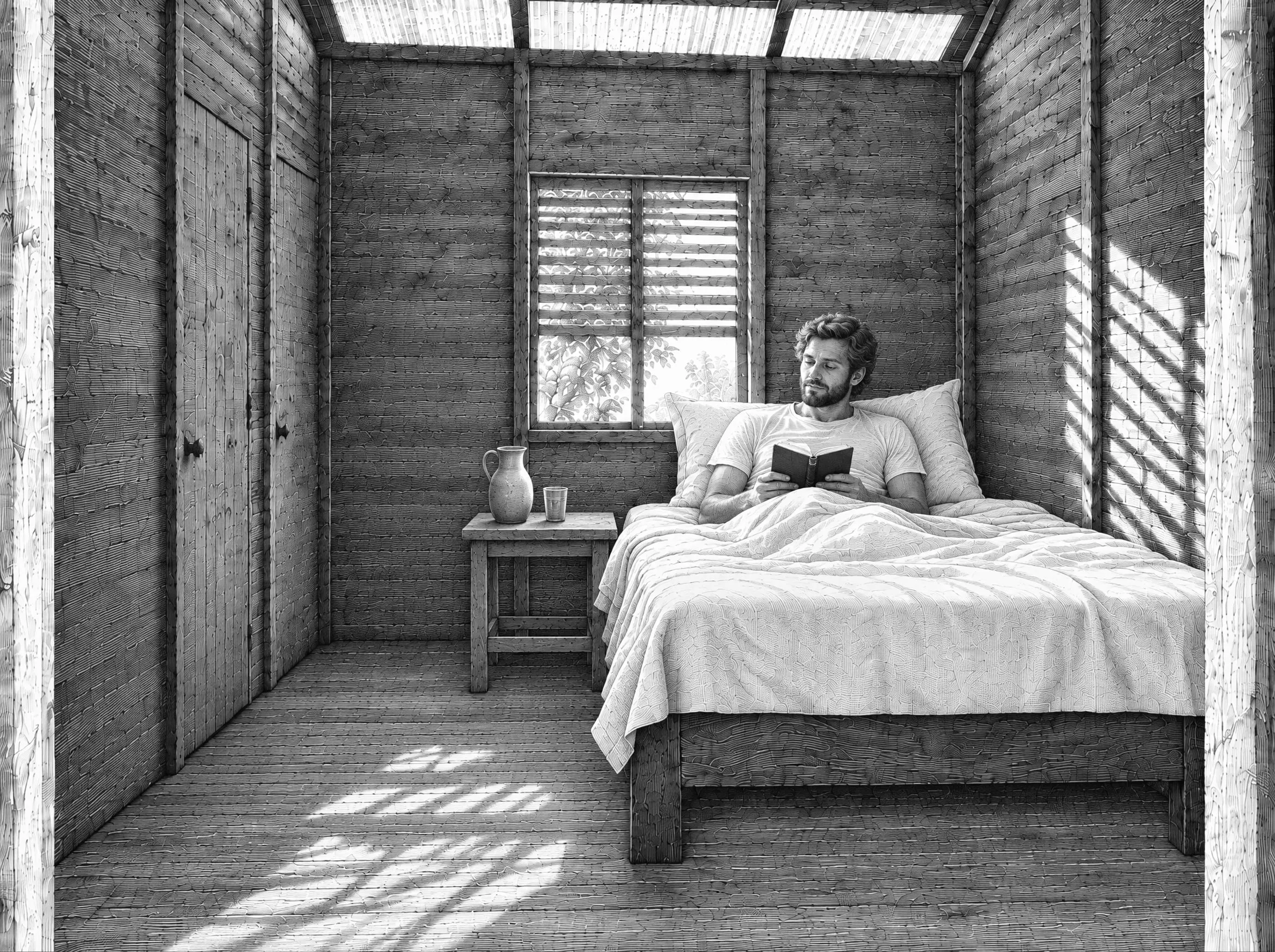 Gravure : matinée de repos, un voyageur se repose dans sa chambre de bois