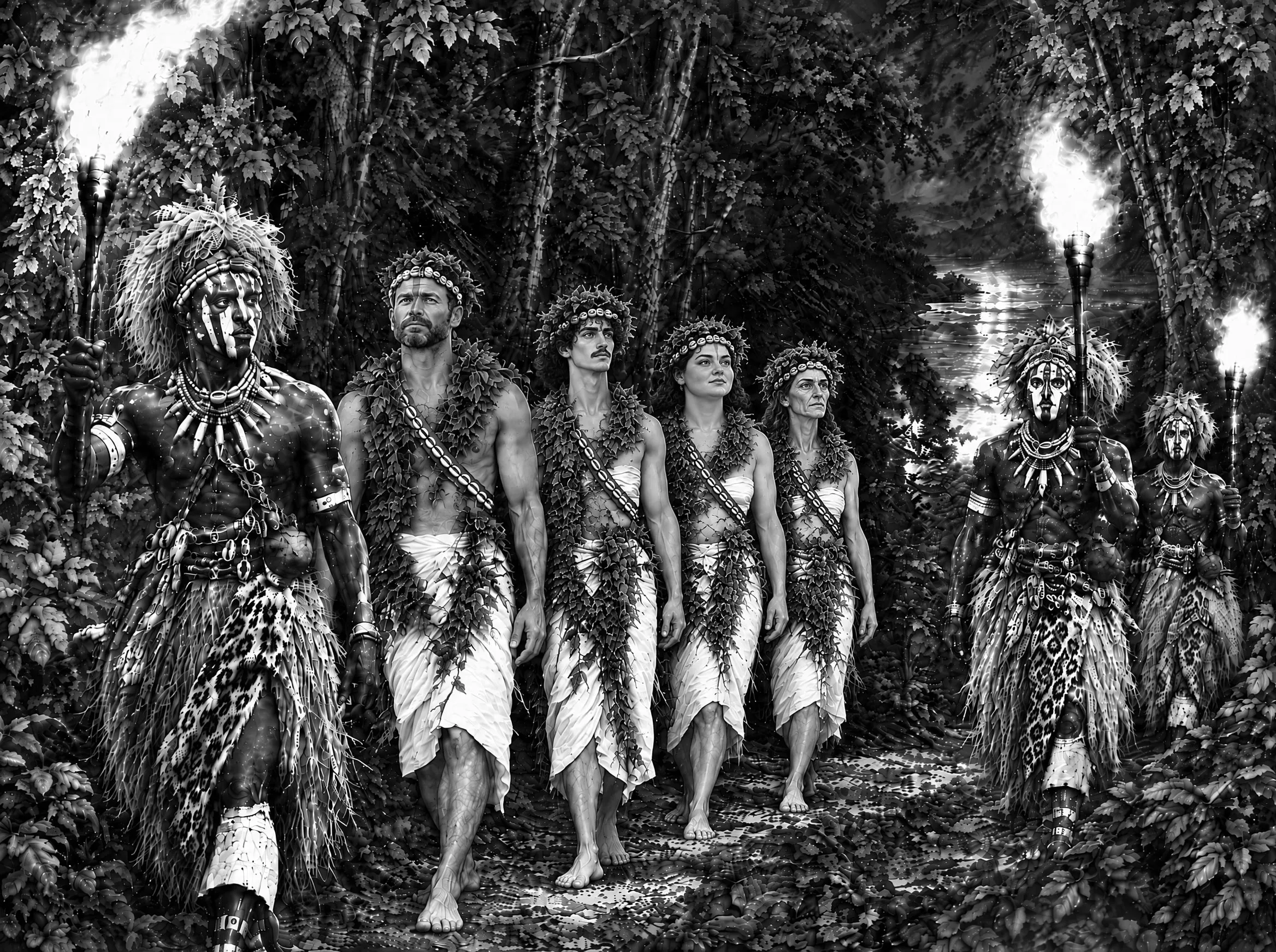 Gravure : la nuit, retour de la rivière aux torches Mopeto, les voyageurs habillés en Banzi