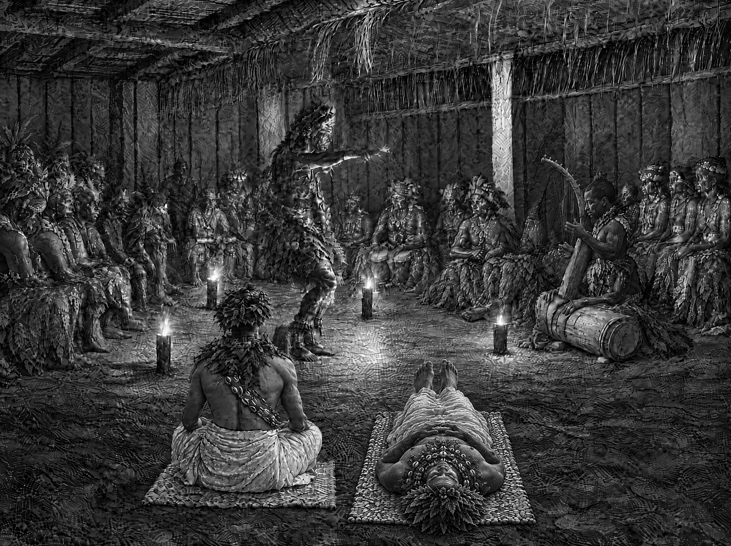 Gravure : la grande nuit dans le temple, un initié assis, l’autre allongé, en tenue Banzi et couronne de feuilles, le Nganga danse, harpe (ngombi) et tambours