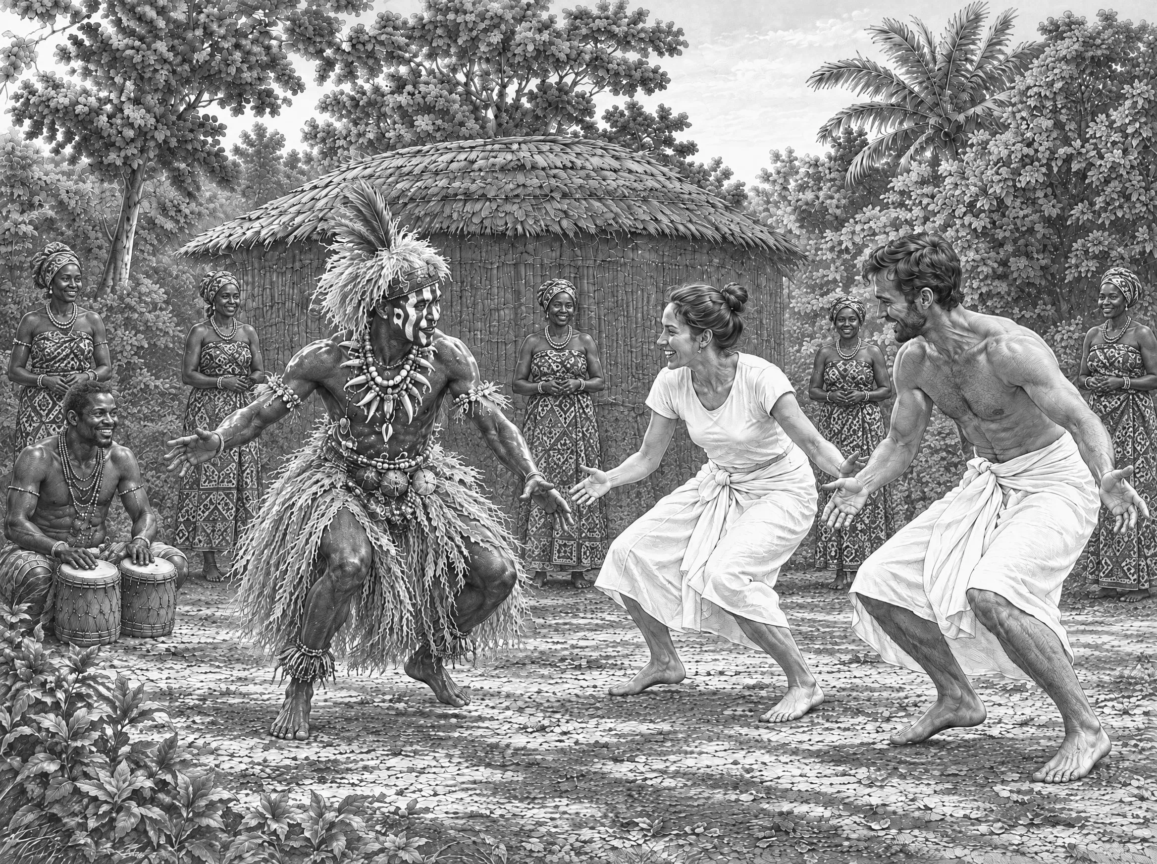 Gravure : petite répétition de la danse du Bwiti avec un Nganga