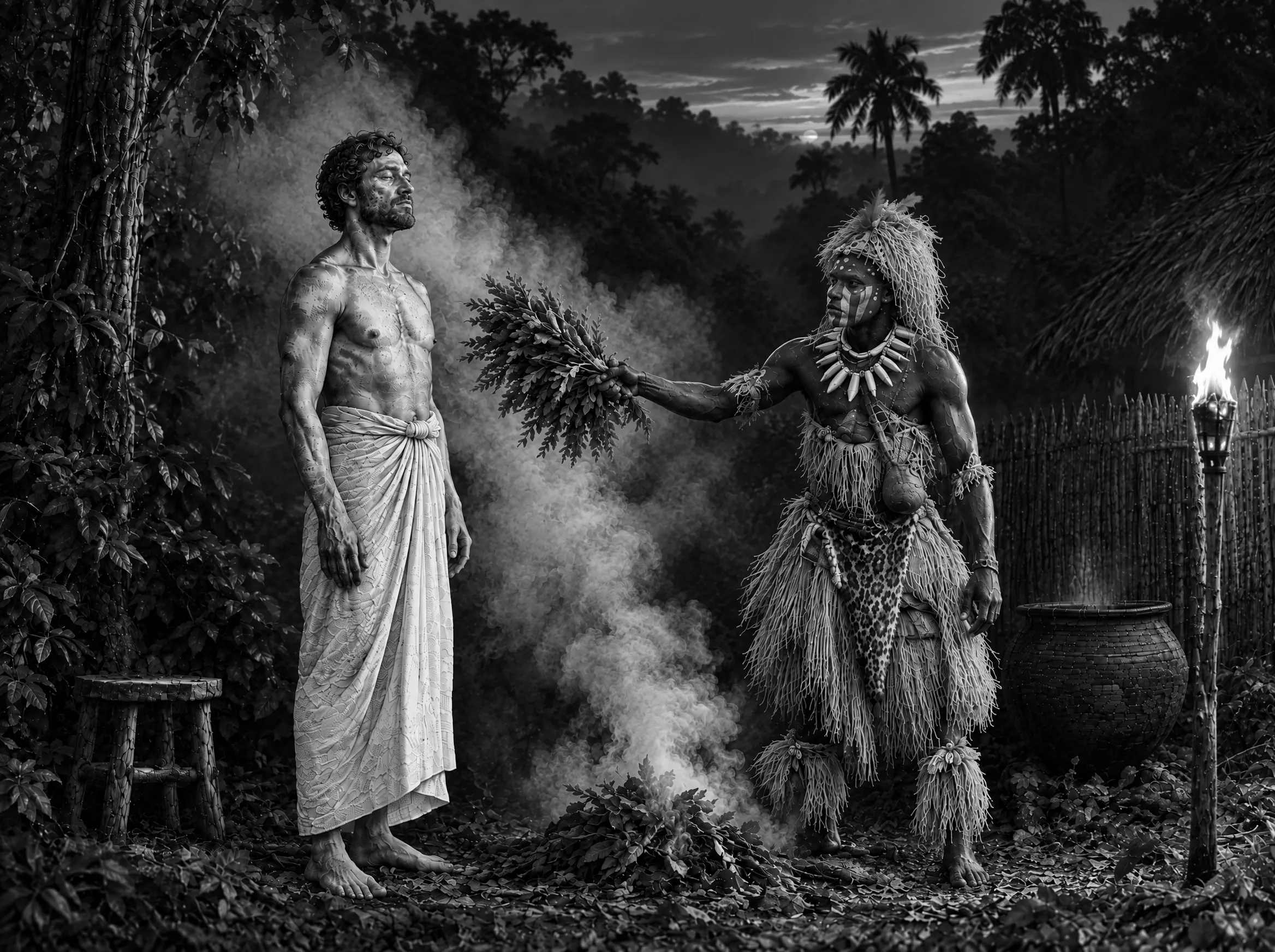 Gravure : à la tombée de la nuit, le bain de fumée, un Nganga évente la fumée des feuilles vers le voyageur