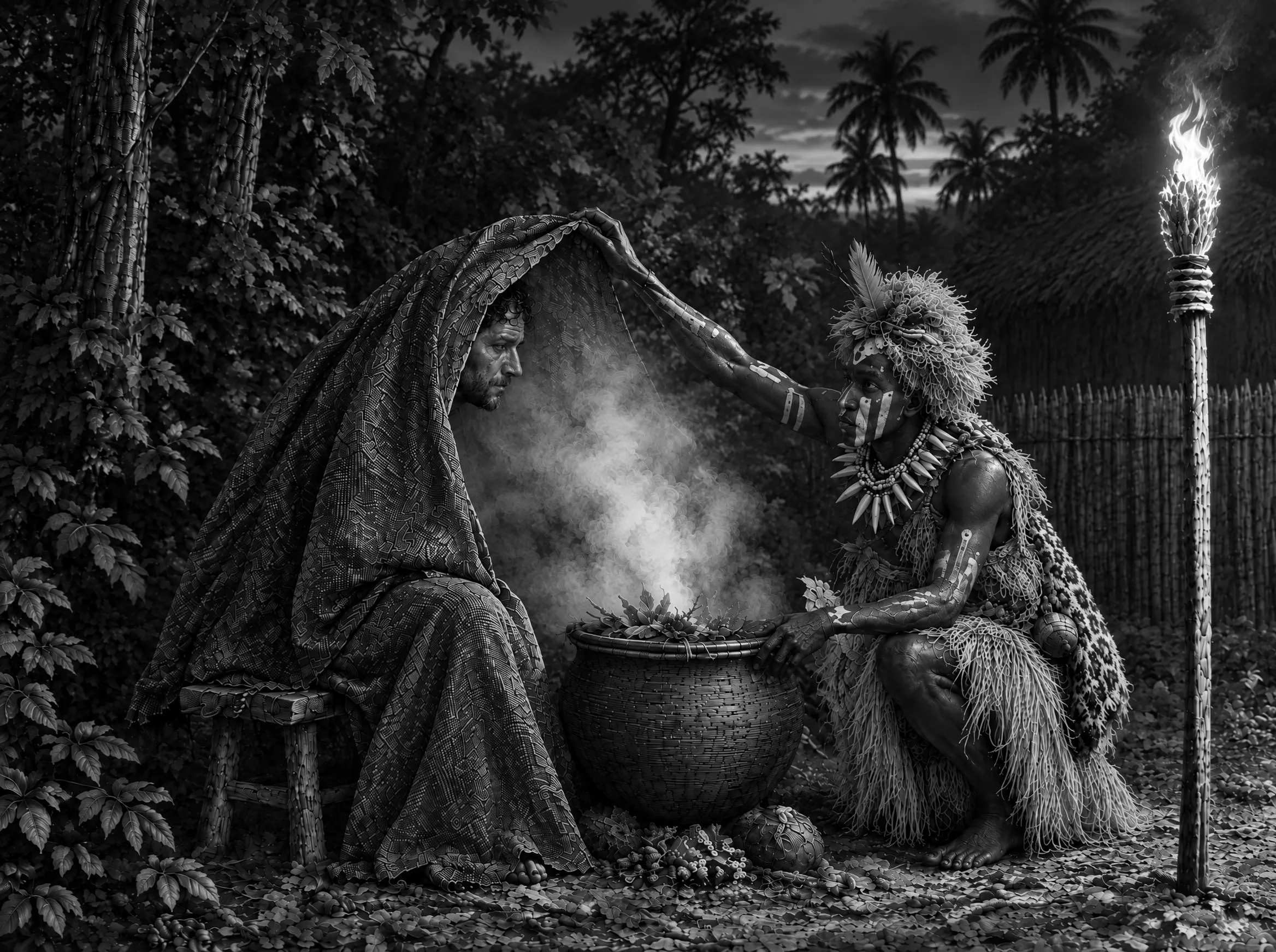 Gravure : le bain de vapeur, le voyageur assis sous un grand pagne au-dessus de la marmite