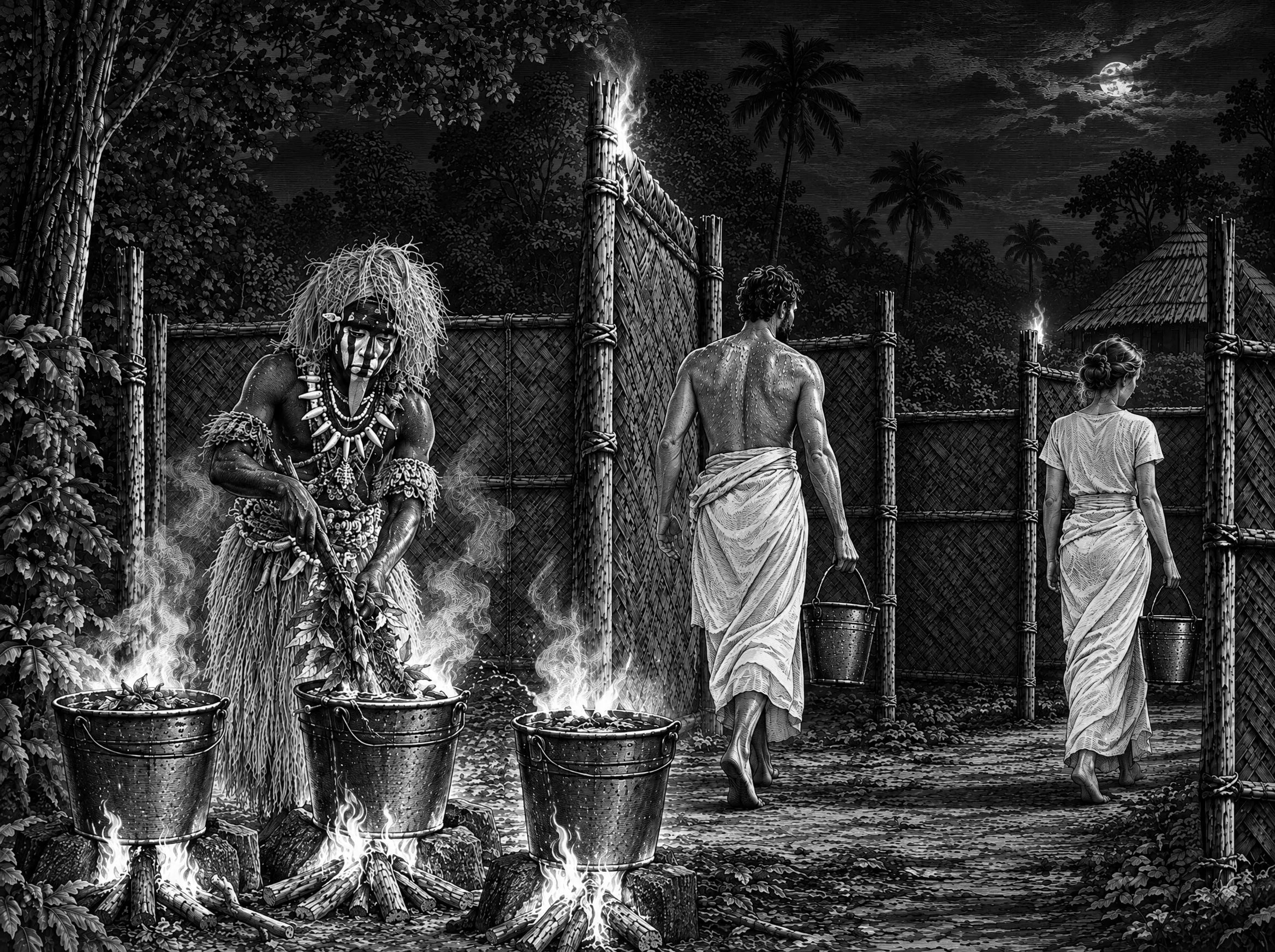 Gravure : la nuit, les seaux en fer chauffent sur le feu, chacun porte le sien vers sa palissade
