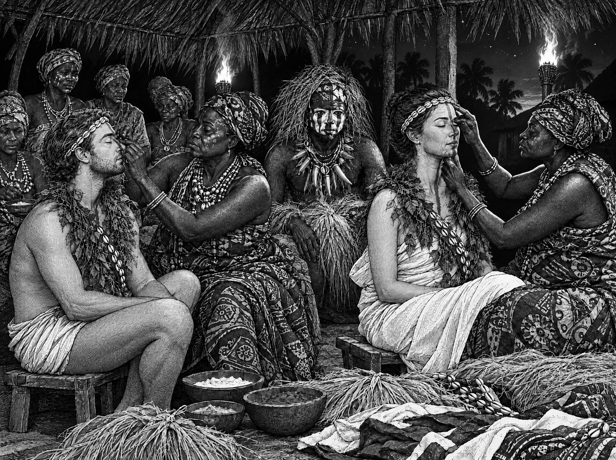 Gravure : à la nuit tombée, à la lueur des torches, les mères du Bwiti tracent au doigt la ligne rouge et habillent les voyageurs en Banzi, bandeau de cauris et collier de feuilles
