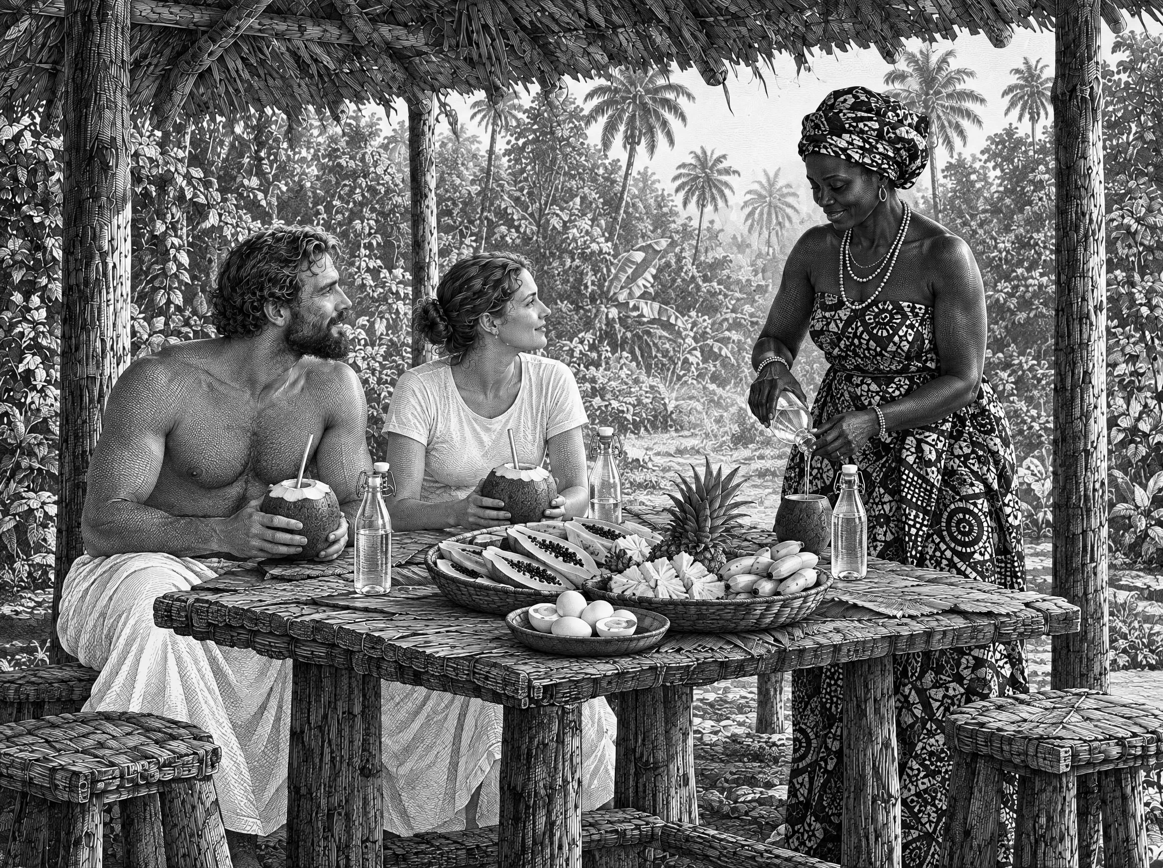 Gravure : le petit déjeuner au village, noix de coco, fruits et œufs